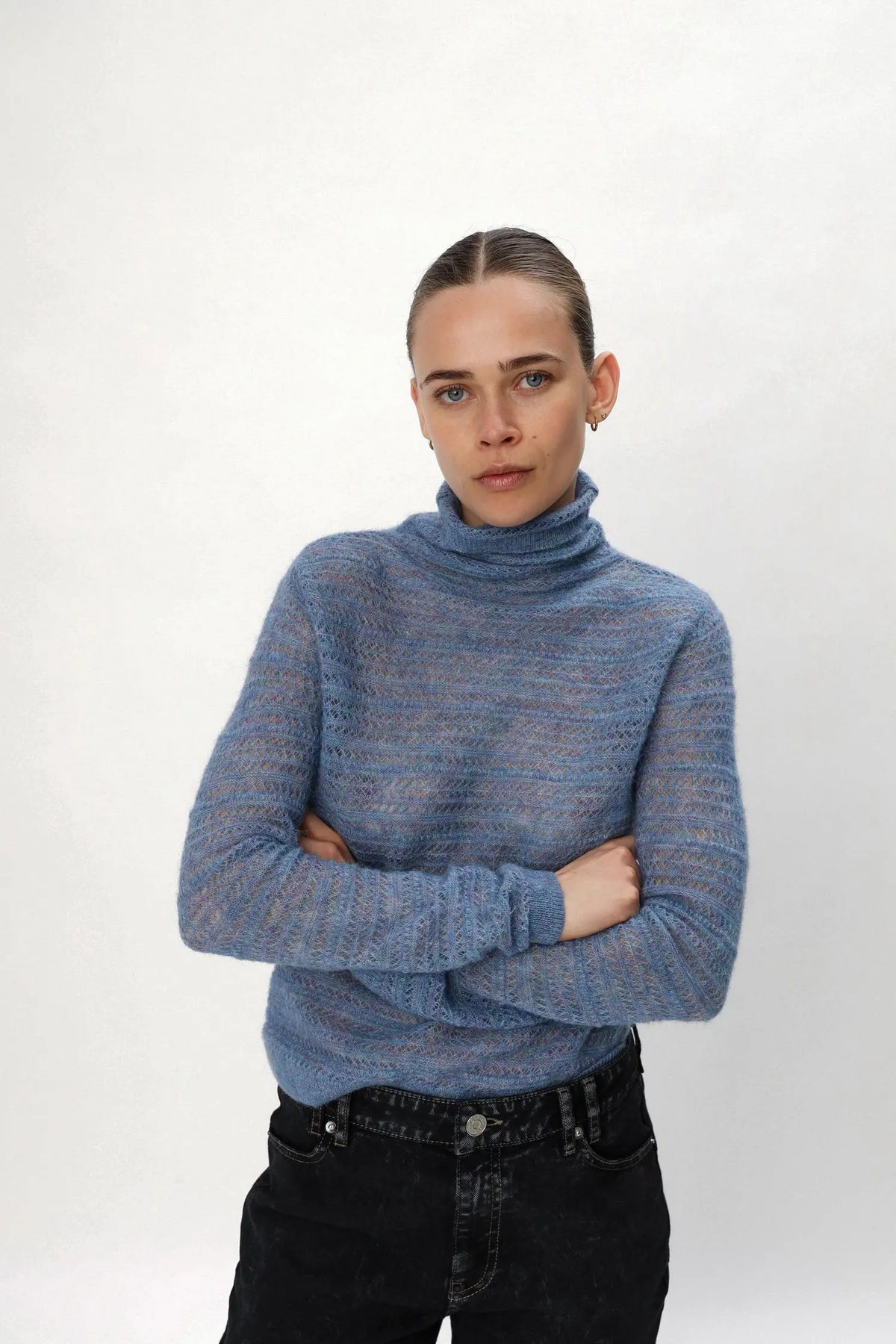 Stella Nova Alpaca Delicate Knit Highneck Blouse 159 Little Boy Blue