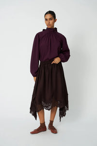 Asymetric Lace Trimmed Skirt - Dark Brown