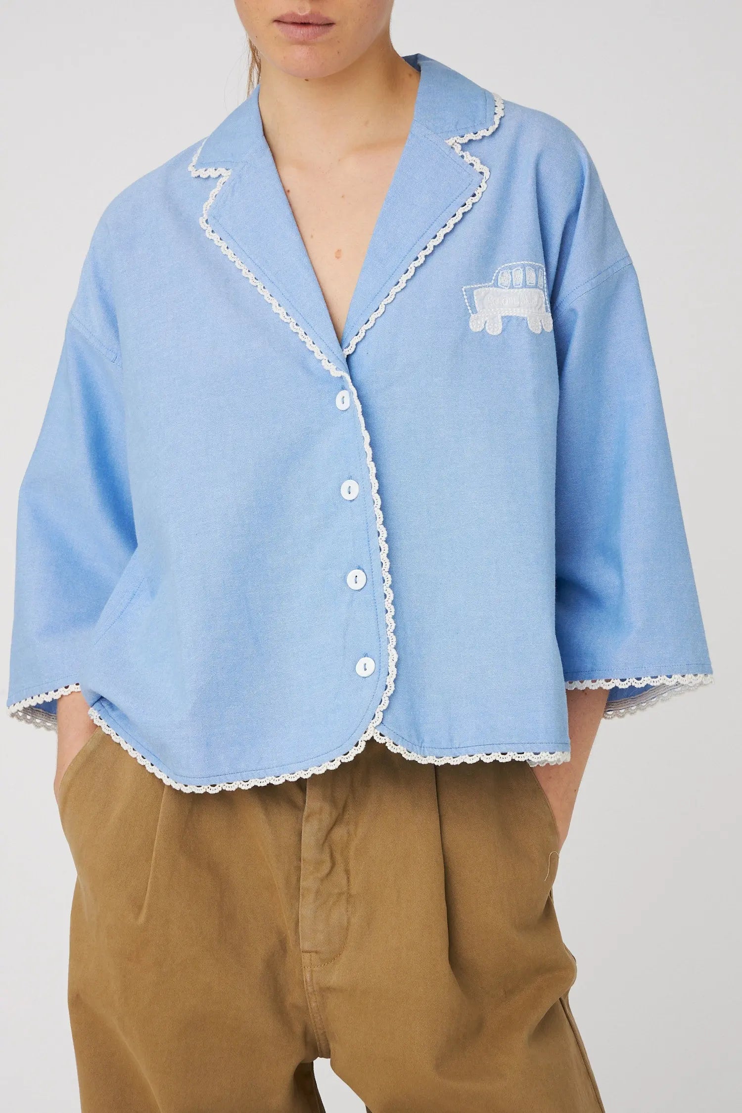 Stella Nova Chambray Blouse with Embroidered School Bus Blouse 291 Light Blue Melange