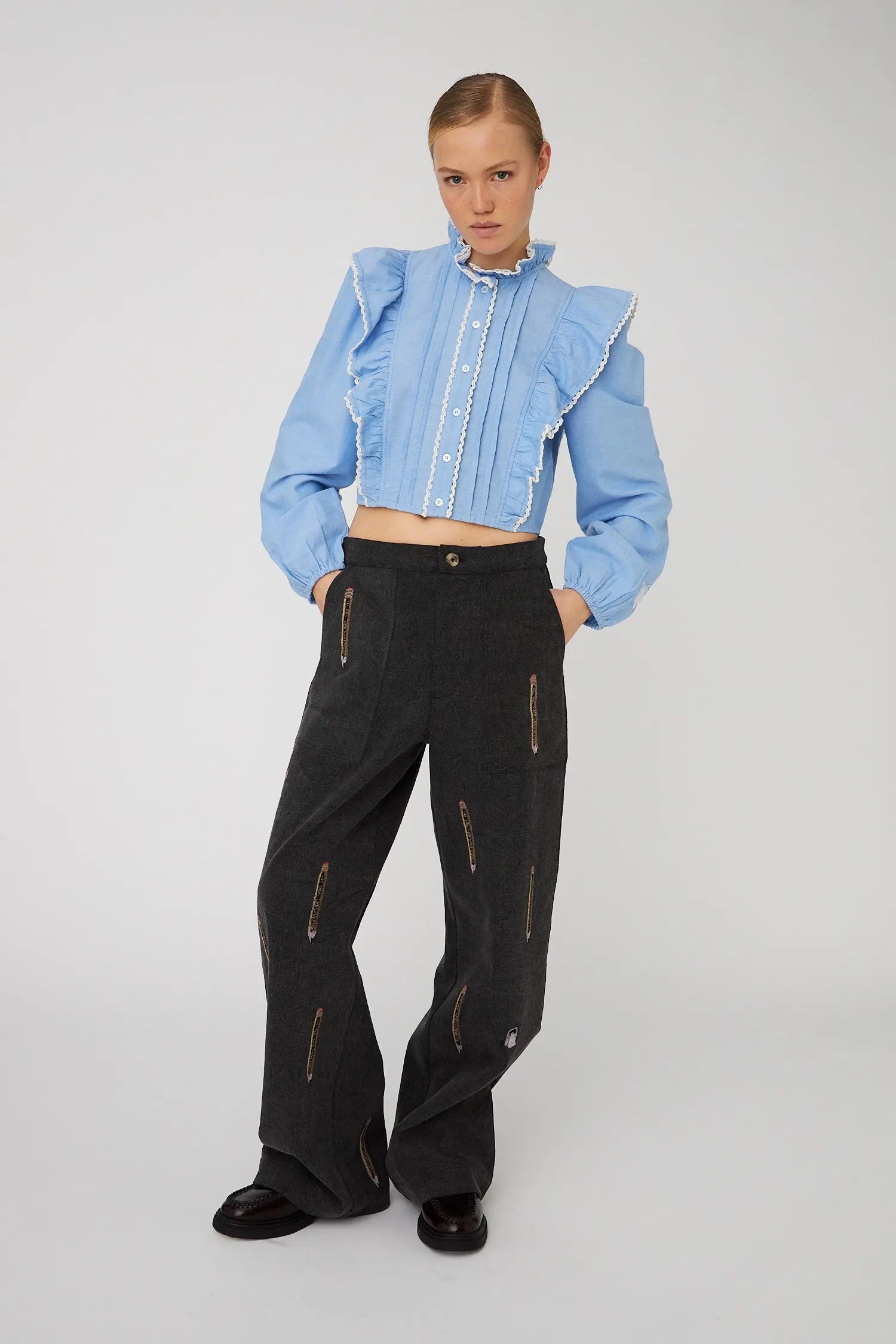 Stella Nova Chambray Cropped Frill Shirt Shirt 291 Light Blue Melange