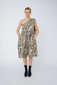 Crisp One-Shoulder Midi Dress with Bow - Leopard