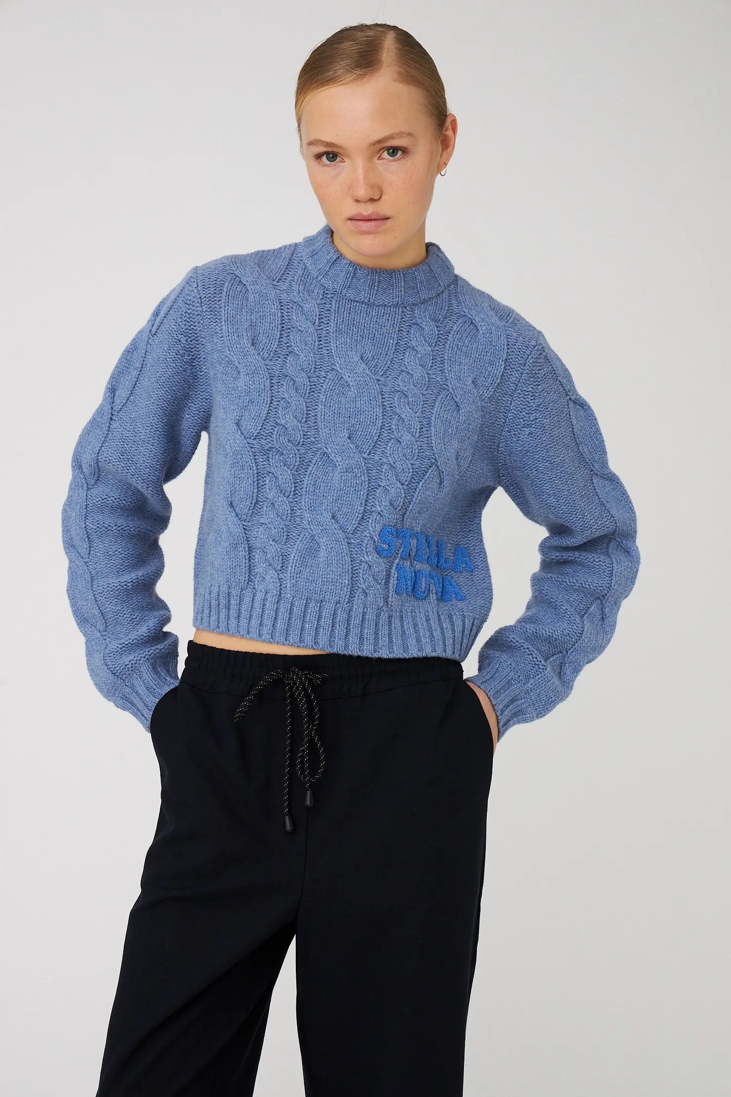 Stella Nova Cropped Cable Knit in Wool Mix Sweater 300 Blue Sea