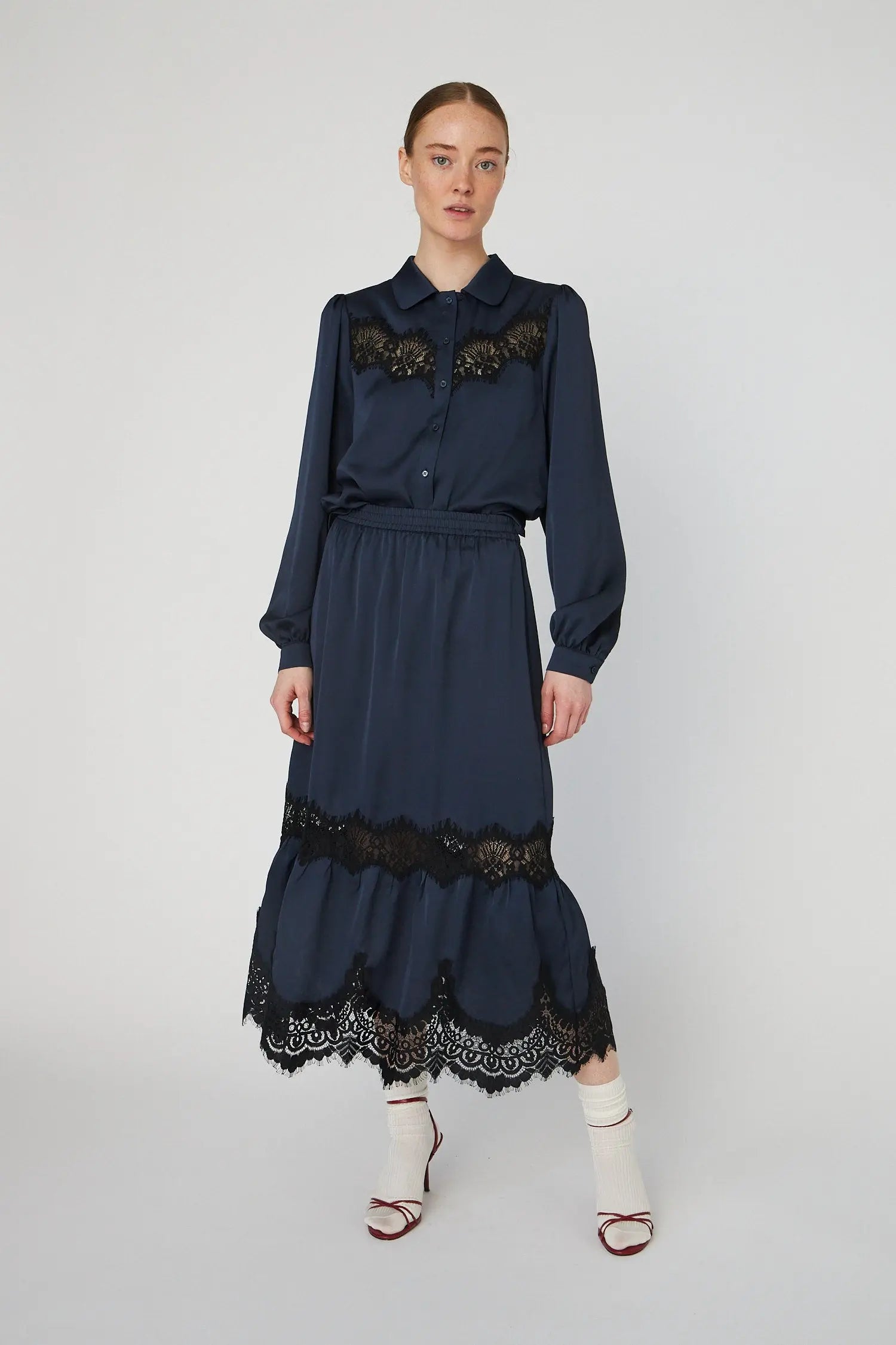 navy lace shirt dress Navy Embroidered Lace Shirt Dress with Sash By BADGLEY MISCHKA Elilhaam