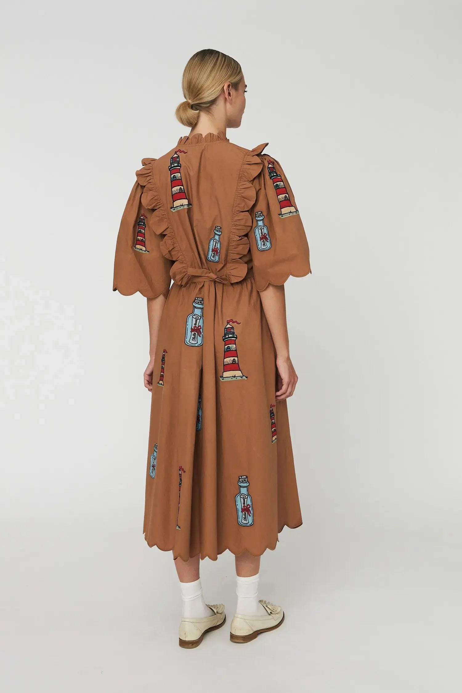 Stella Nova Embroidered Midi dress with Scallops Dress 869 Brown