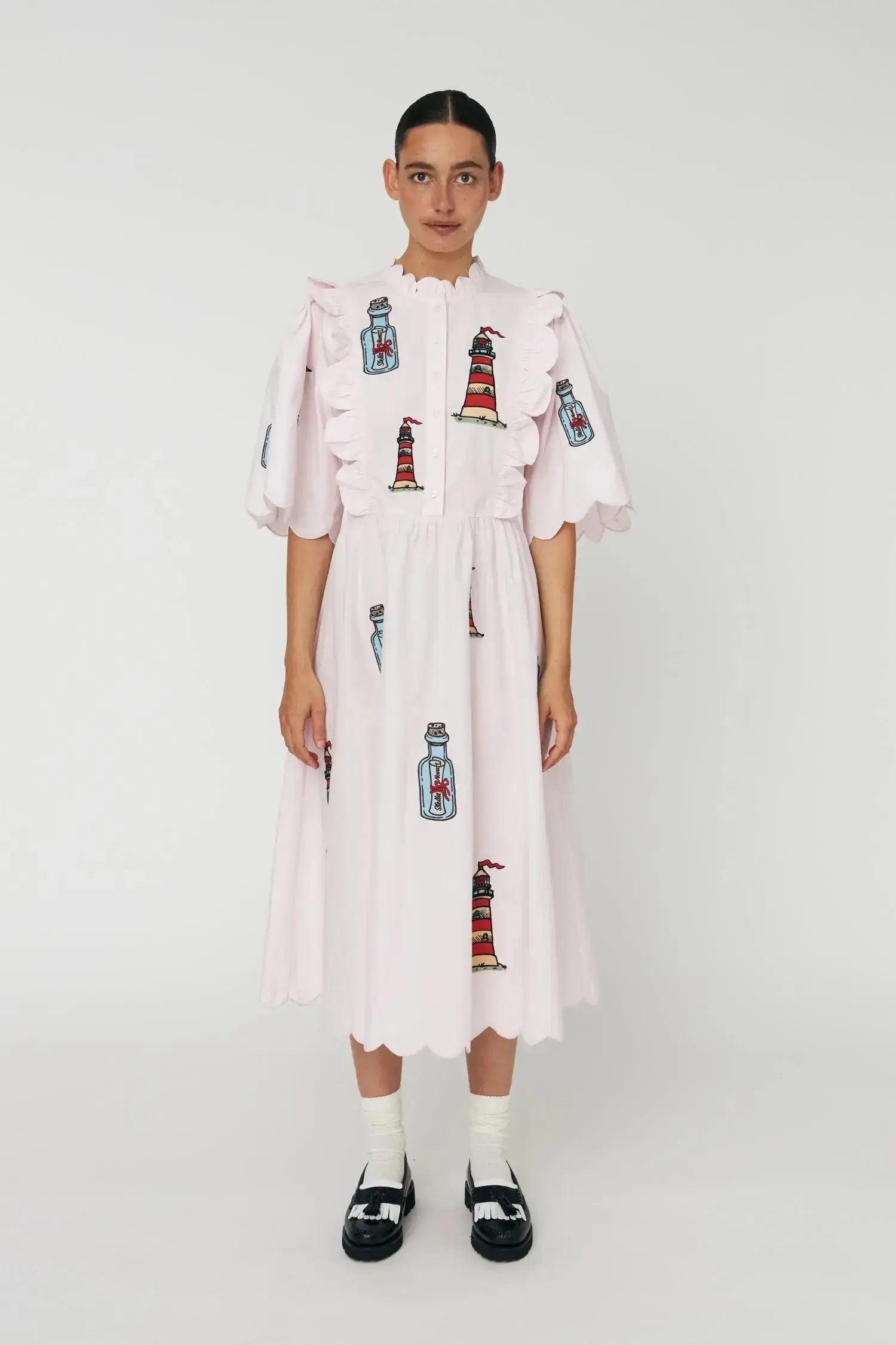 Stella Nova Embroidered Midi dress with Scallops Dress 558 Pale Pink