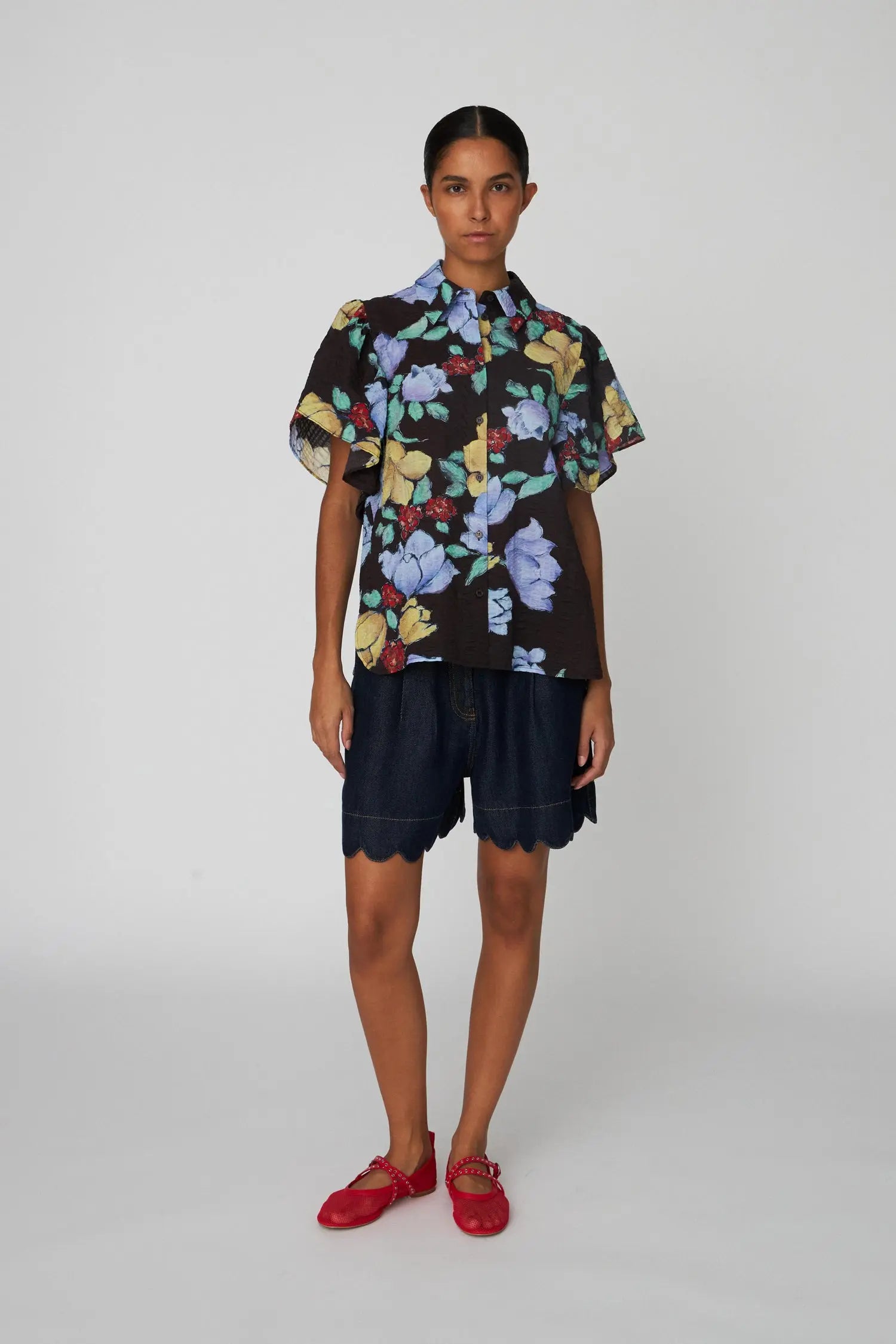 Stella Nova Flowered Cotton Top Shirt 776 Dark Flowers