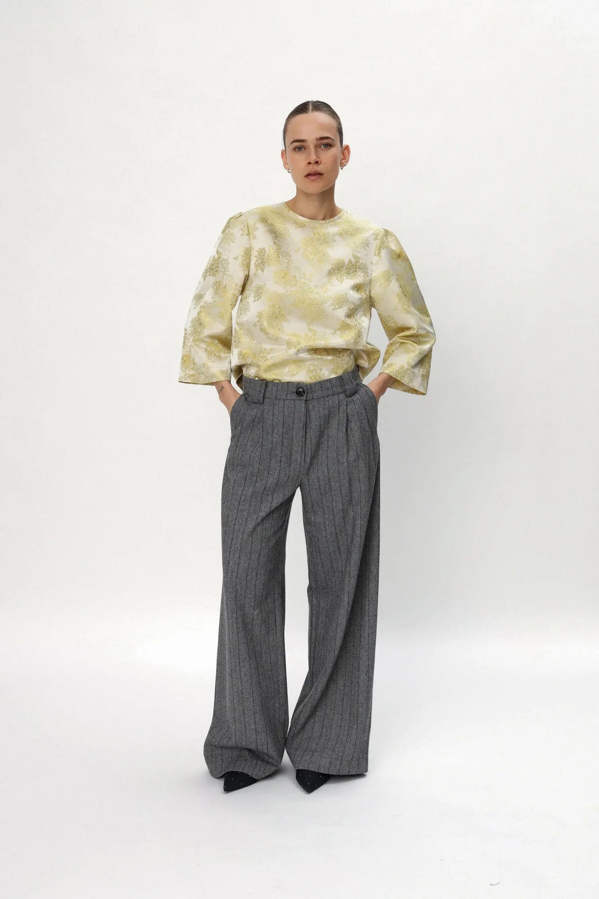 Stella Nova Herringbone Wool Pants Pants 954 Dark Grey Mélange