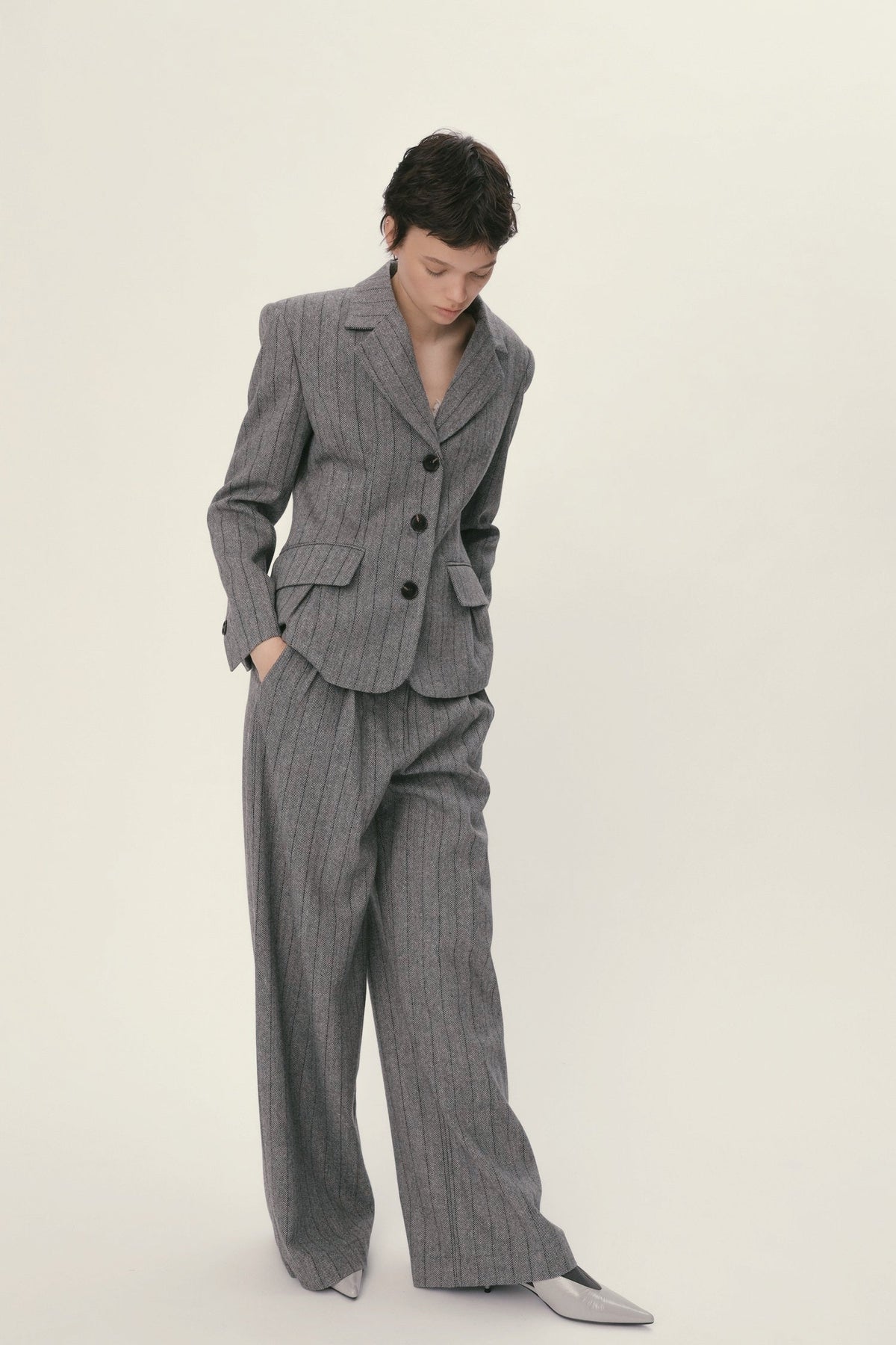Stella Nova Herringbone Wool Pants Pants 954 Dark Grey Mélange