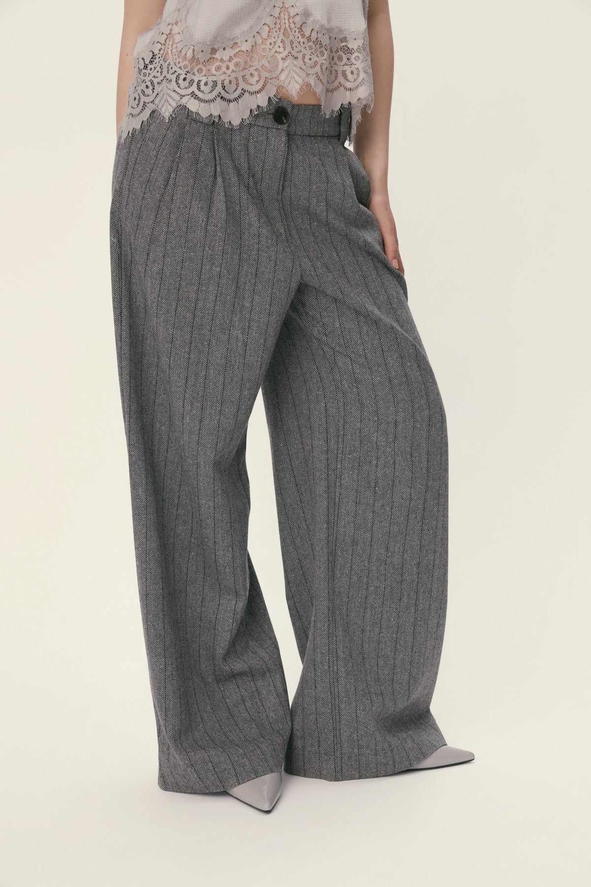 Stella Nova Herringbone Wool Pants Pants 954 Dark Grey Mélange