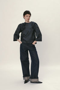 Jacquard Woven Blouse - Dark Ocean Black