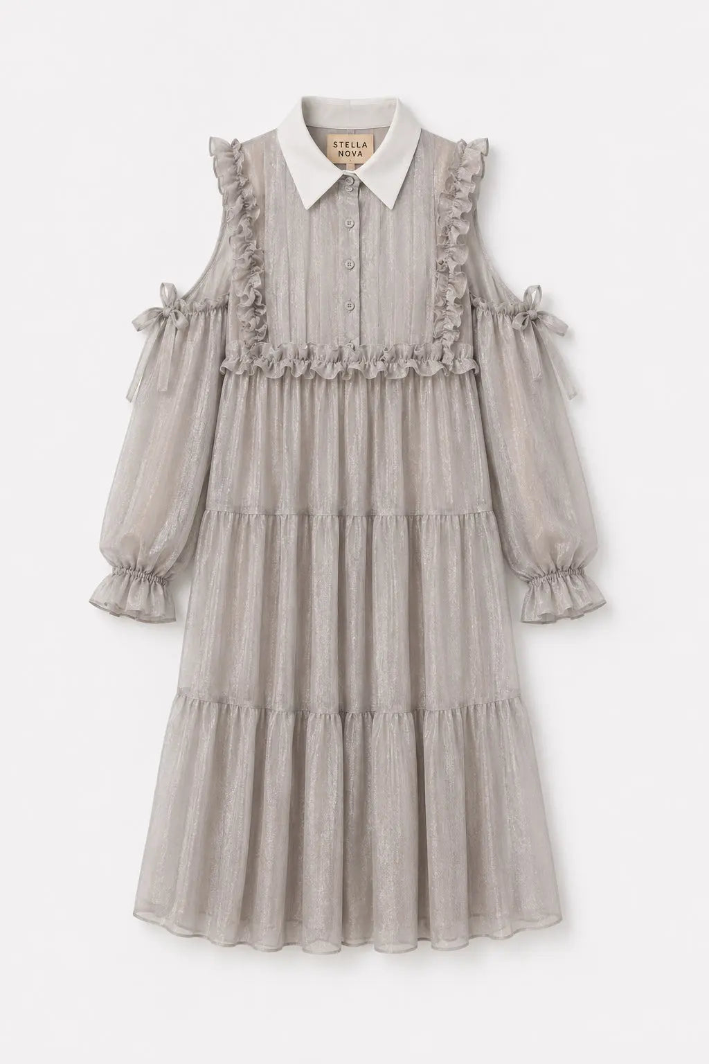 zara ruffled dotted mesh dress Long dress with shirt collar