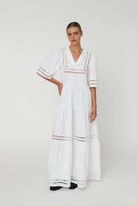 Maxi Dress with Short Sleeves and Artworks - White