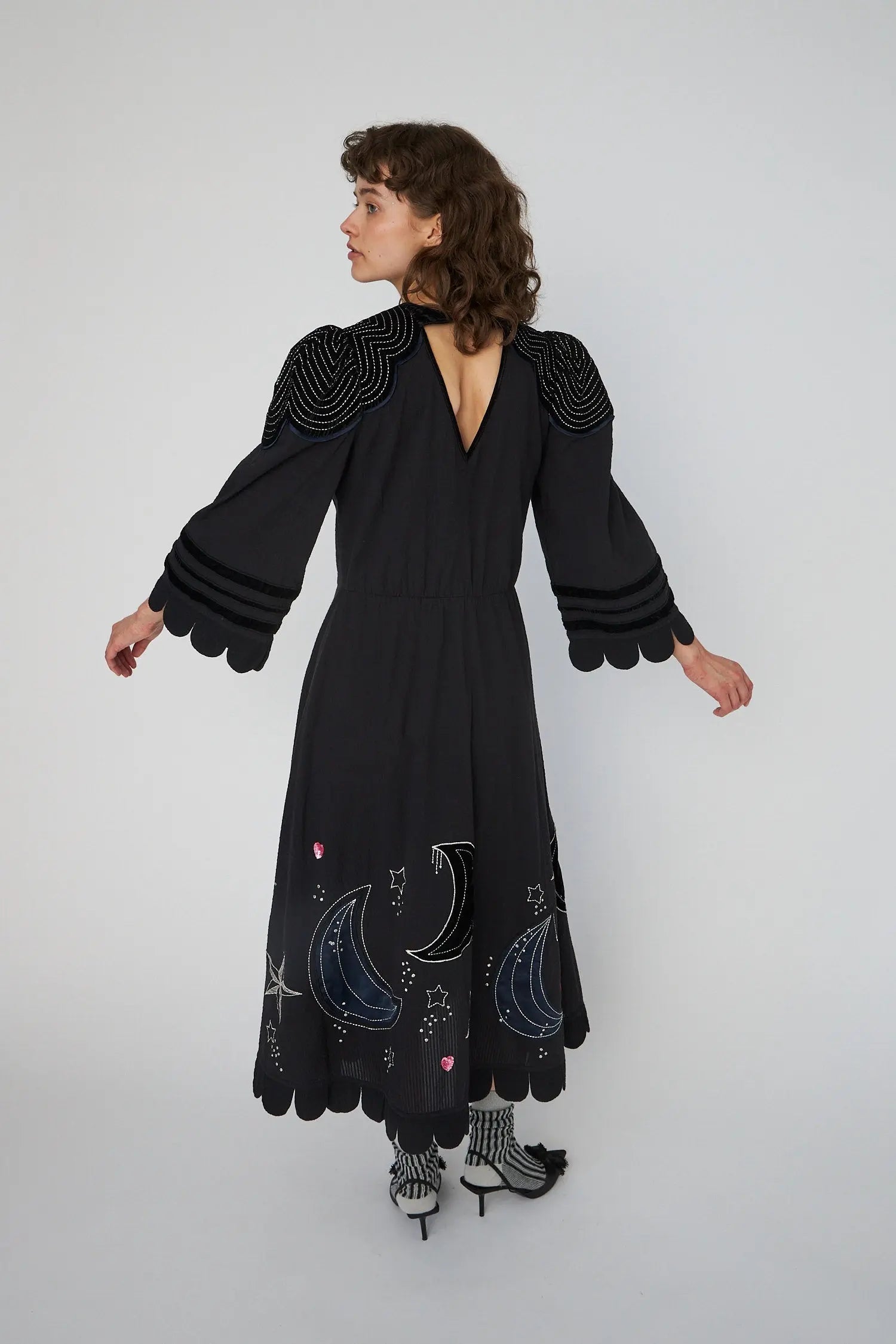 Stella Nova Moon and Star Embroidered Midi Dress Dress 999 Black