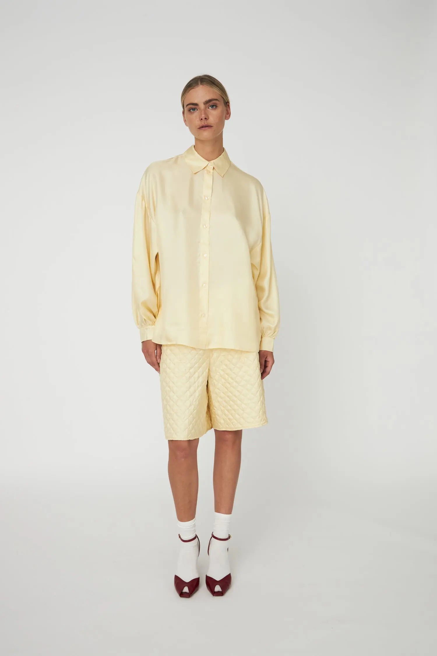 Stella Nova Oversized Silk Shirt with Bow Shirt 133 Soft Yellow