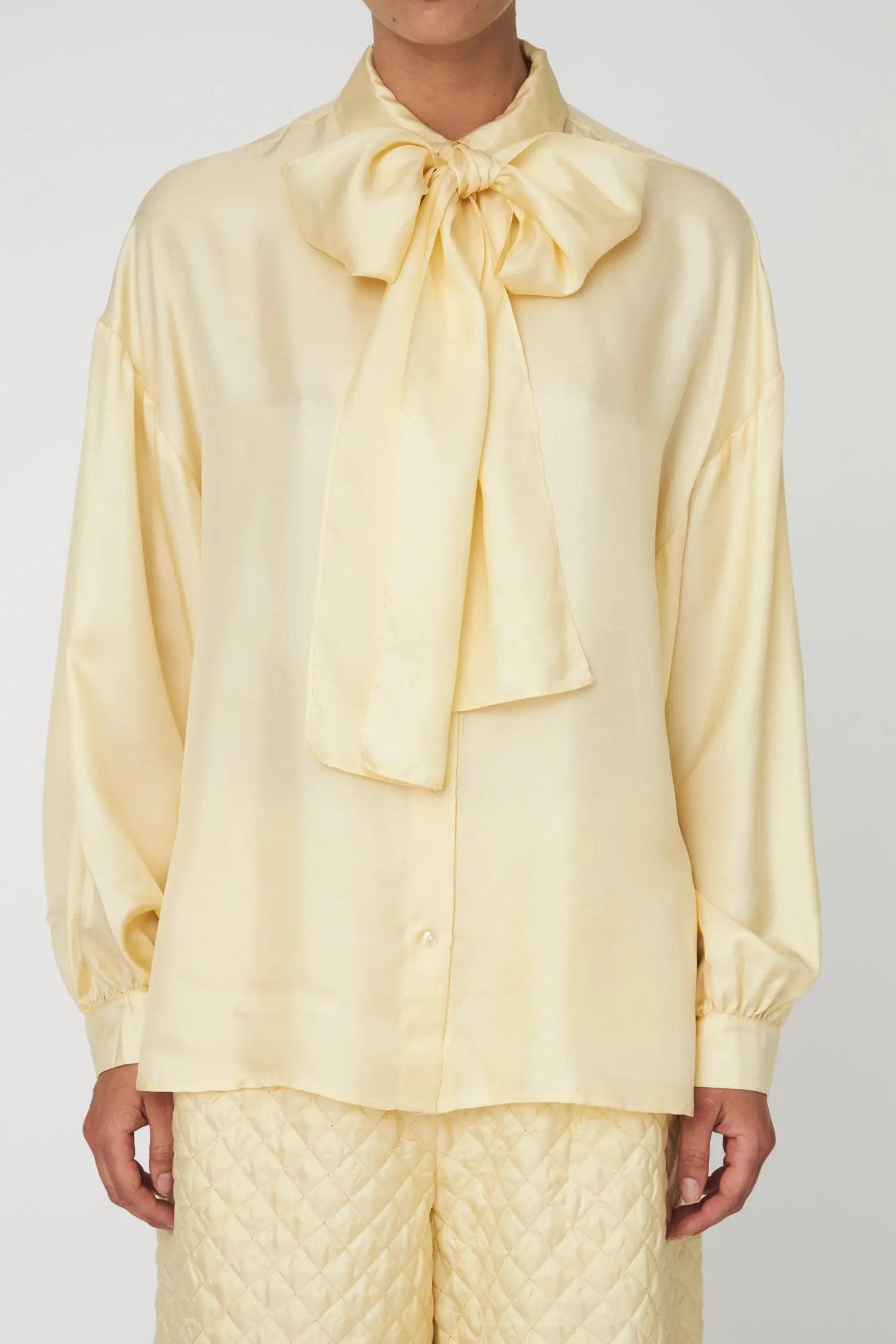 Stella Nova Oversized Silk Shirt with Bow Shirt 133 Soft Yellow