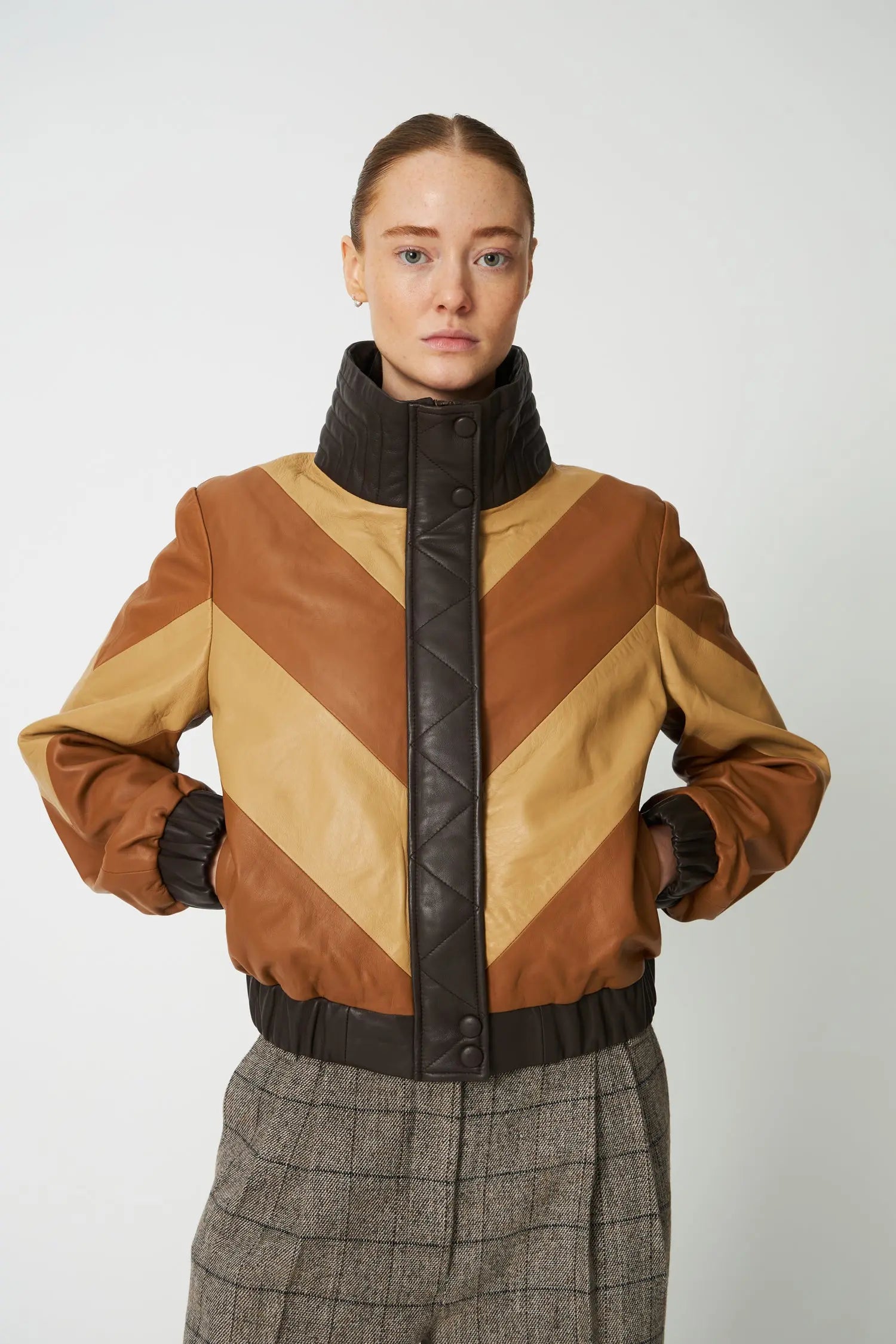 Stella Nova Patchwork Leather Bomber Jacket Leather Jacket 846 Brown Mix