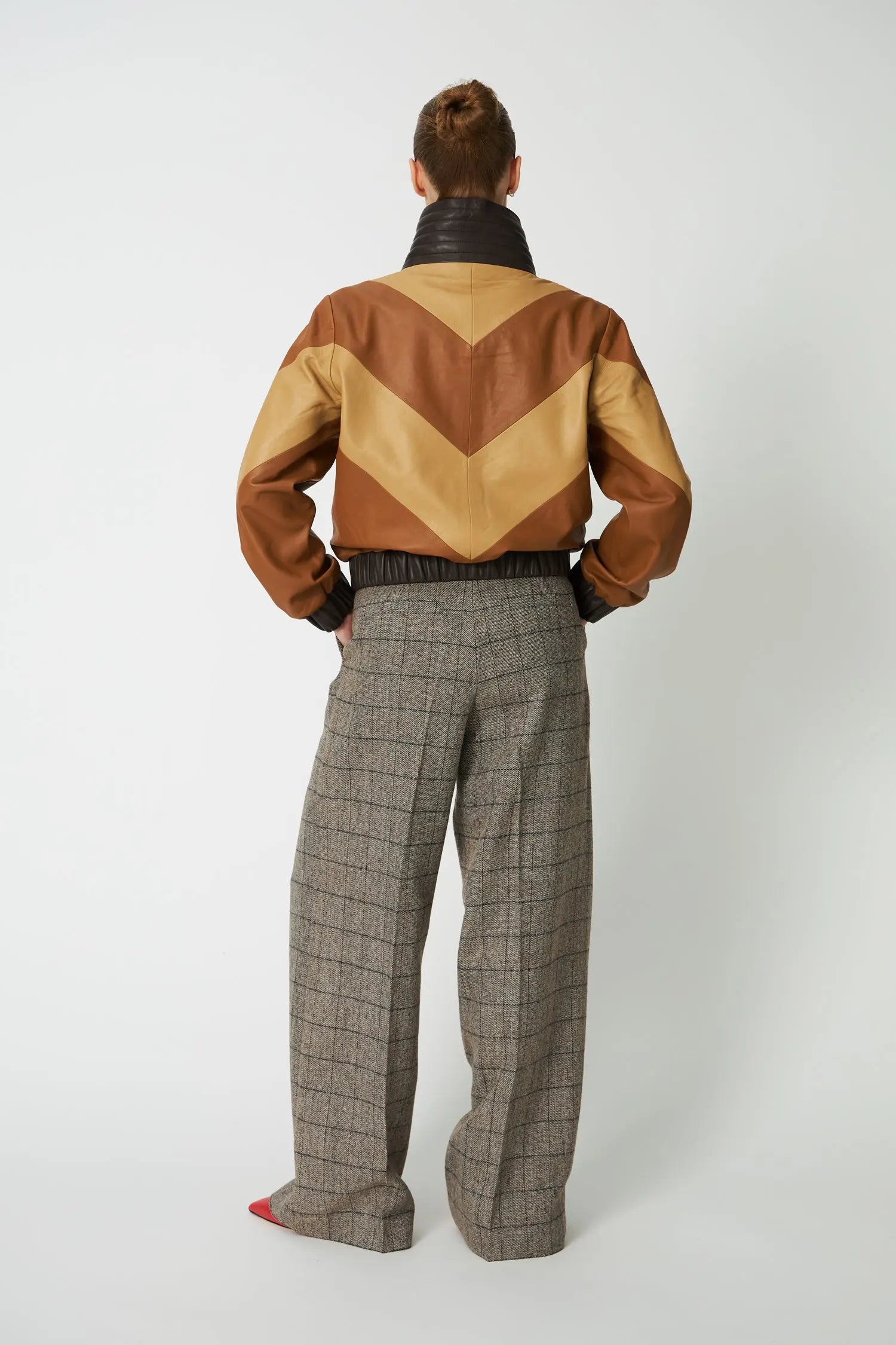 Stella Nova Patchwork Leather Bomber Jacket Leather Jacket 846 Brown Mix