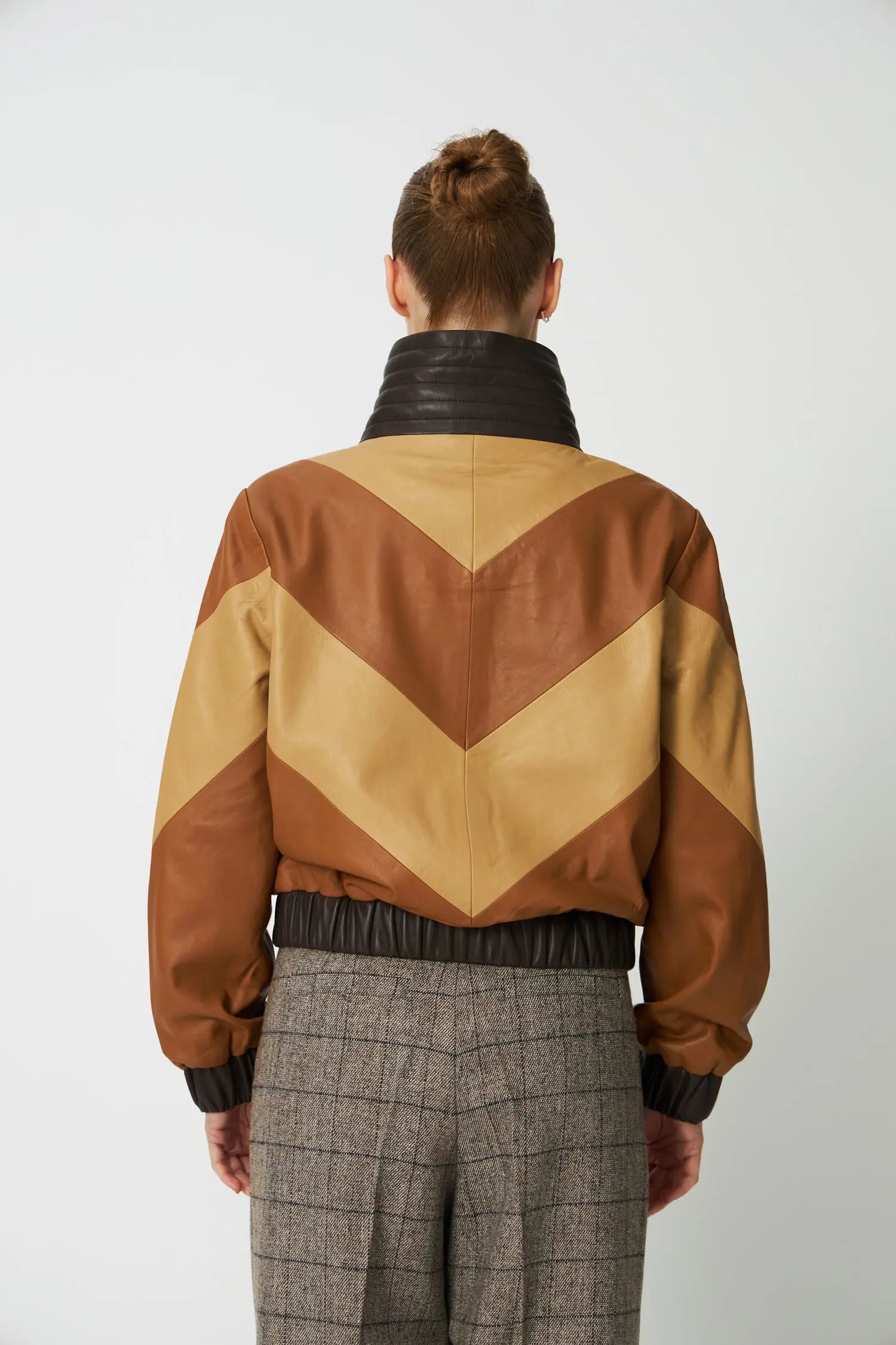 Stella Nova Patchwork Leather Bomber Jacket Leather Jacket 846 Brown Mix