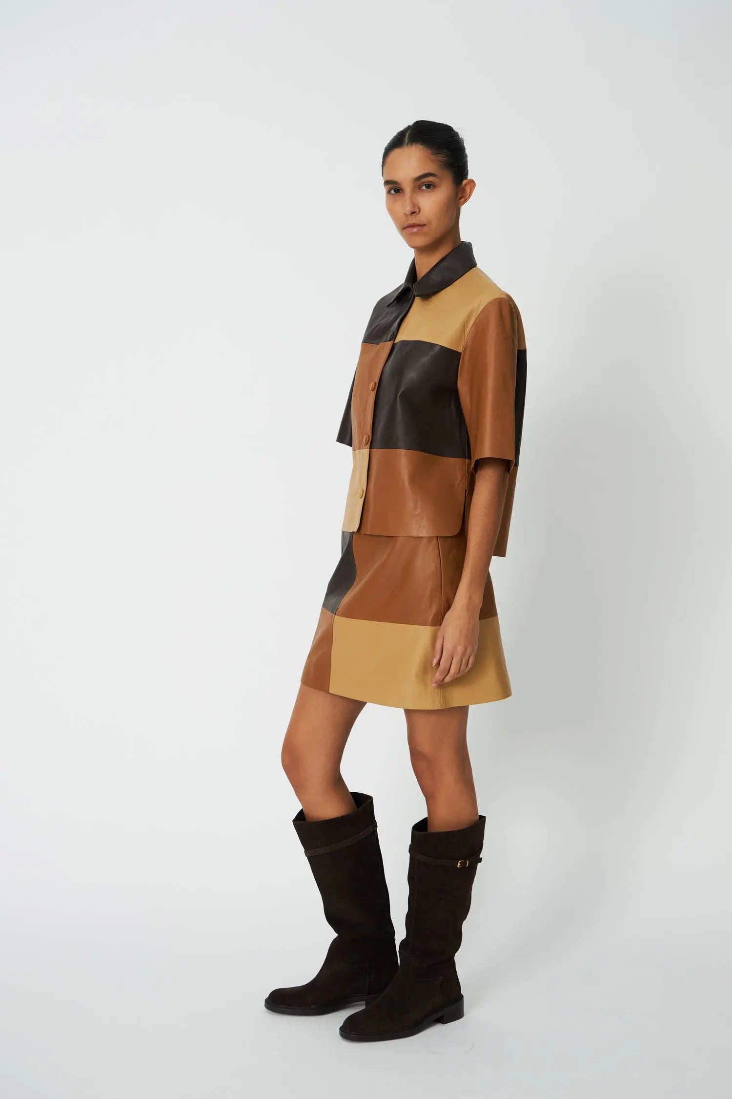 Stella Nova Patchwork Leather Shirt Shirt 846 Brown Mix