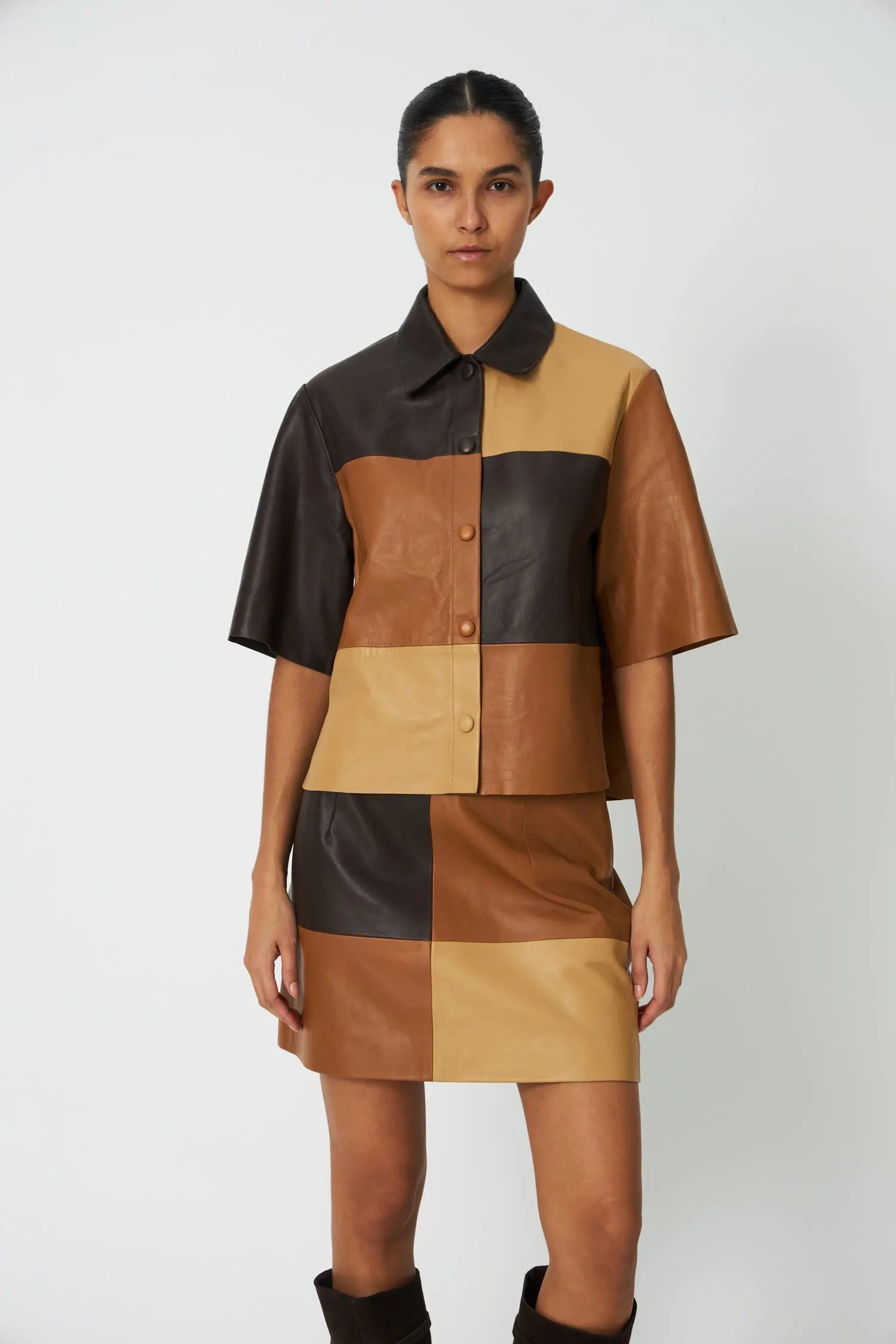 Stella Nova Patchwork Leather Shirt Shirt 846 Brown Mix