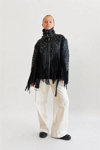 Rivet and Fringes Leather Jacket - Black