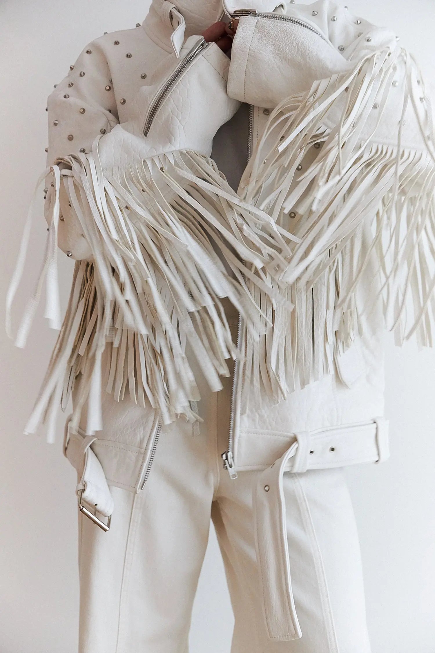 Stella Nova Rivet and Fringes Leather Jacket Leather Jacket 019 Ecru