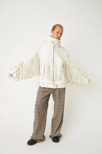 Rivet and Fringes Leather Jacket - Ecru