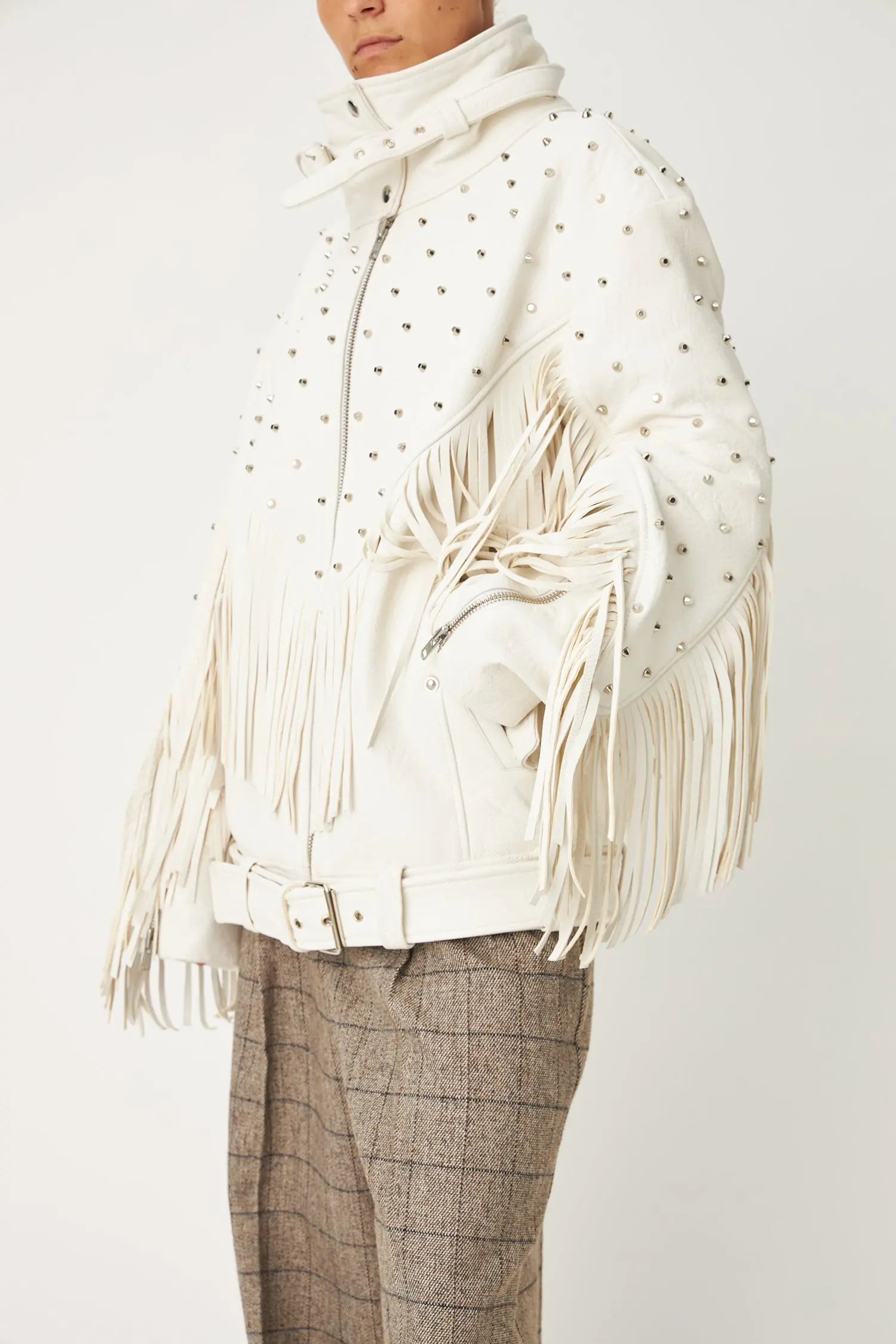 Stella Nova Rivet and Fringes Leather Jacket Leather Jacket 019 Ecru