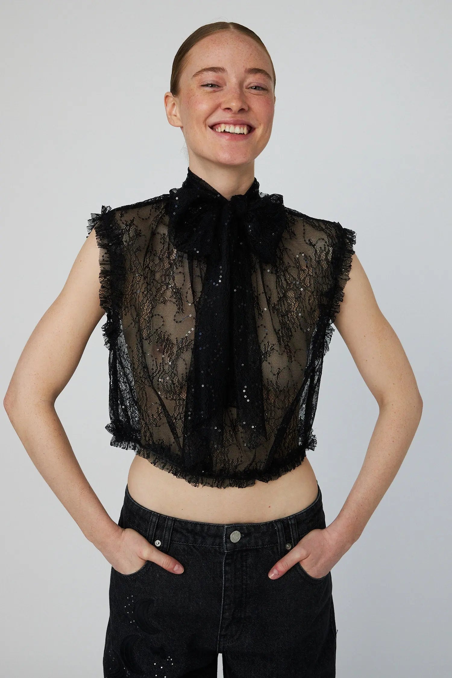 Stella Nova Sheer Cropped Lace Top Top 999 Black