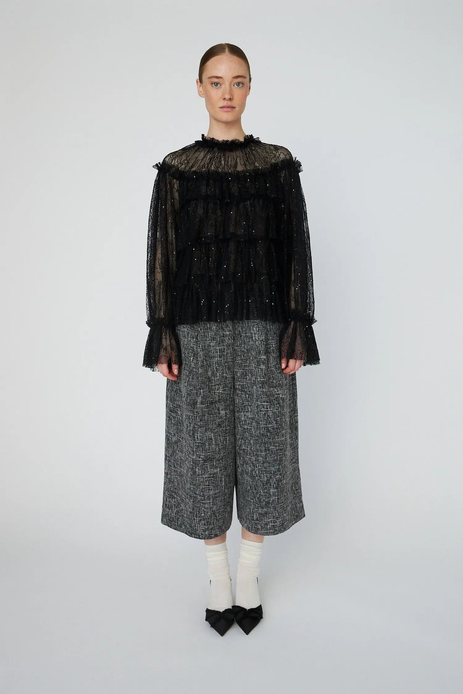 Sheer Frill Lace Blouse - Black