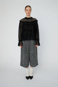 Gennemsigtig Lace Bluse med Rynk - Black