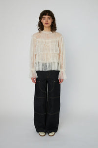 Gennemsigtig Lace Bluse med Rynk - Creme