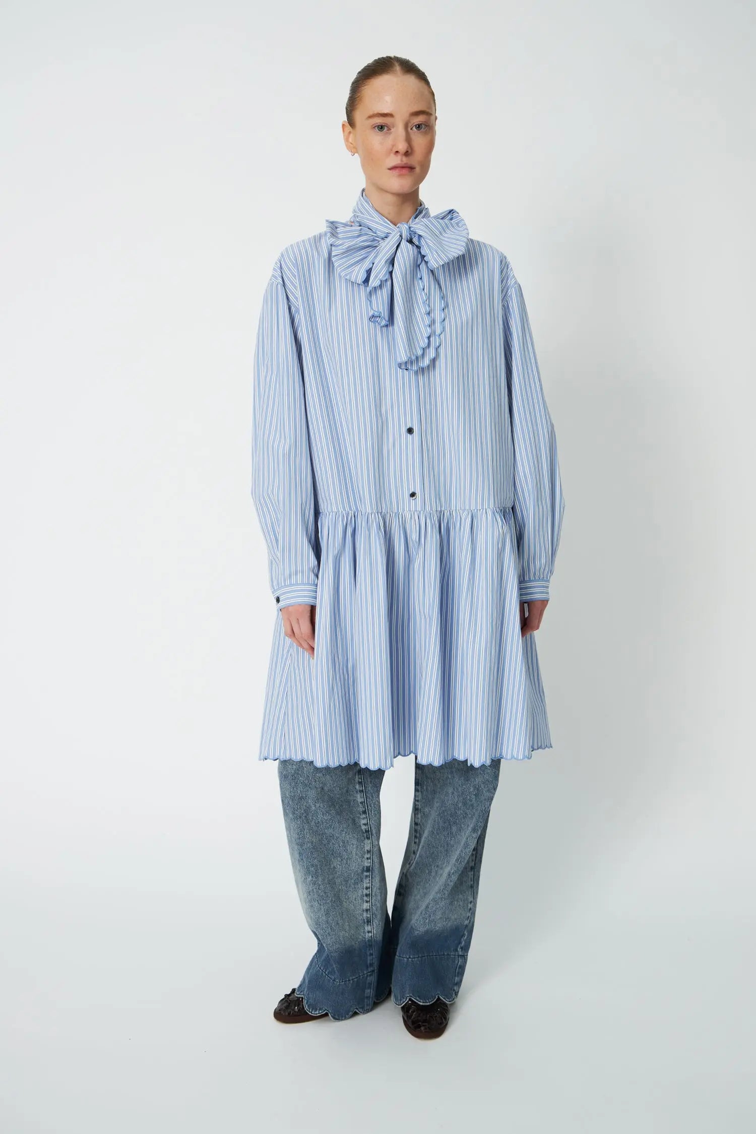Stella Nova Striped Dress with Scallop Edges and Bow Dress 023 White with Blue Stripes