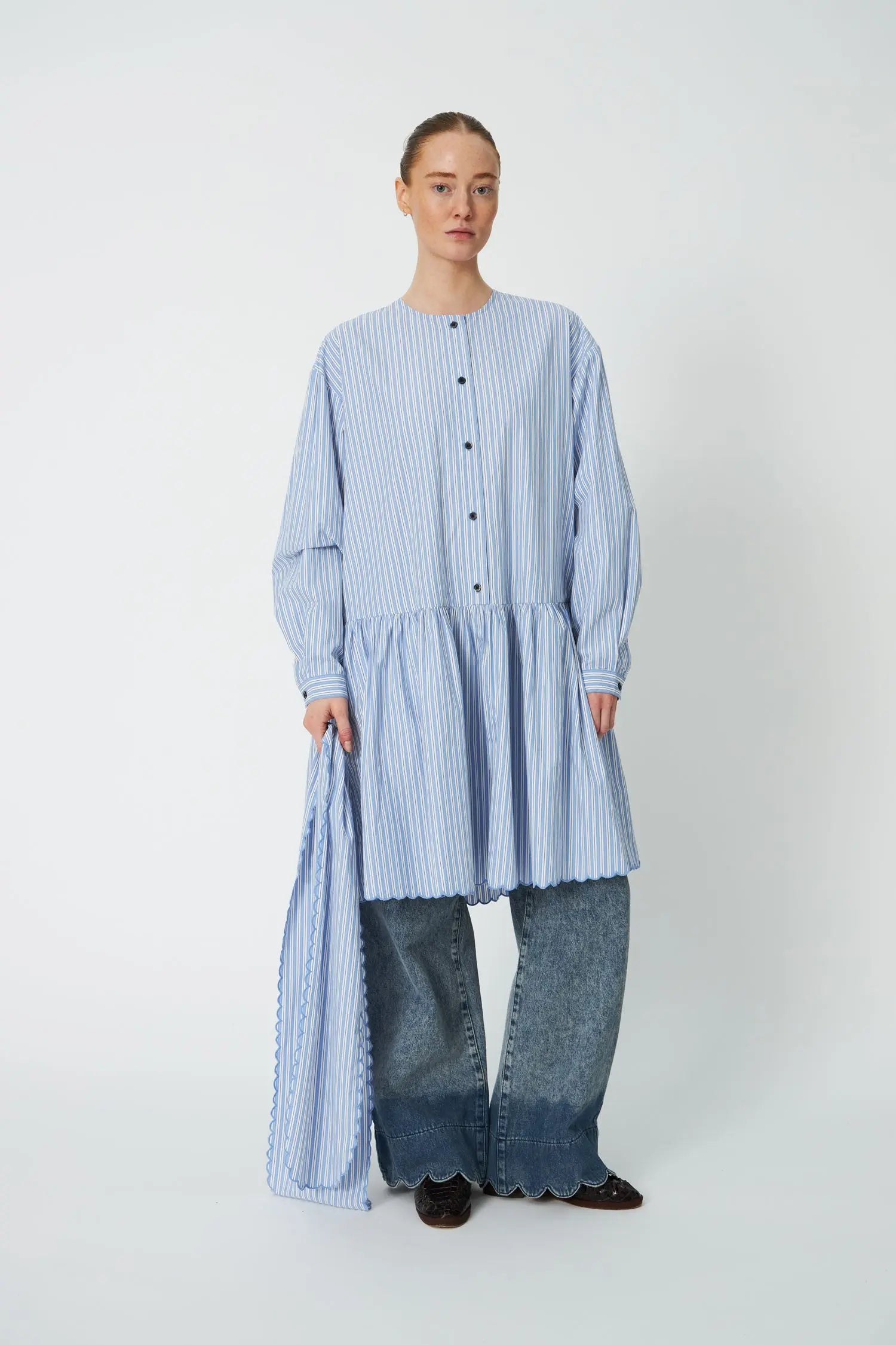 Stella Nova Striped Dress with Scallop Edges and Bow Dress 023 White with Blue Stripes