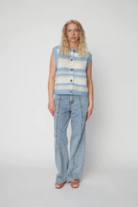 Striped Mohair Cardigan-Vest - Creme Blue Stripes