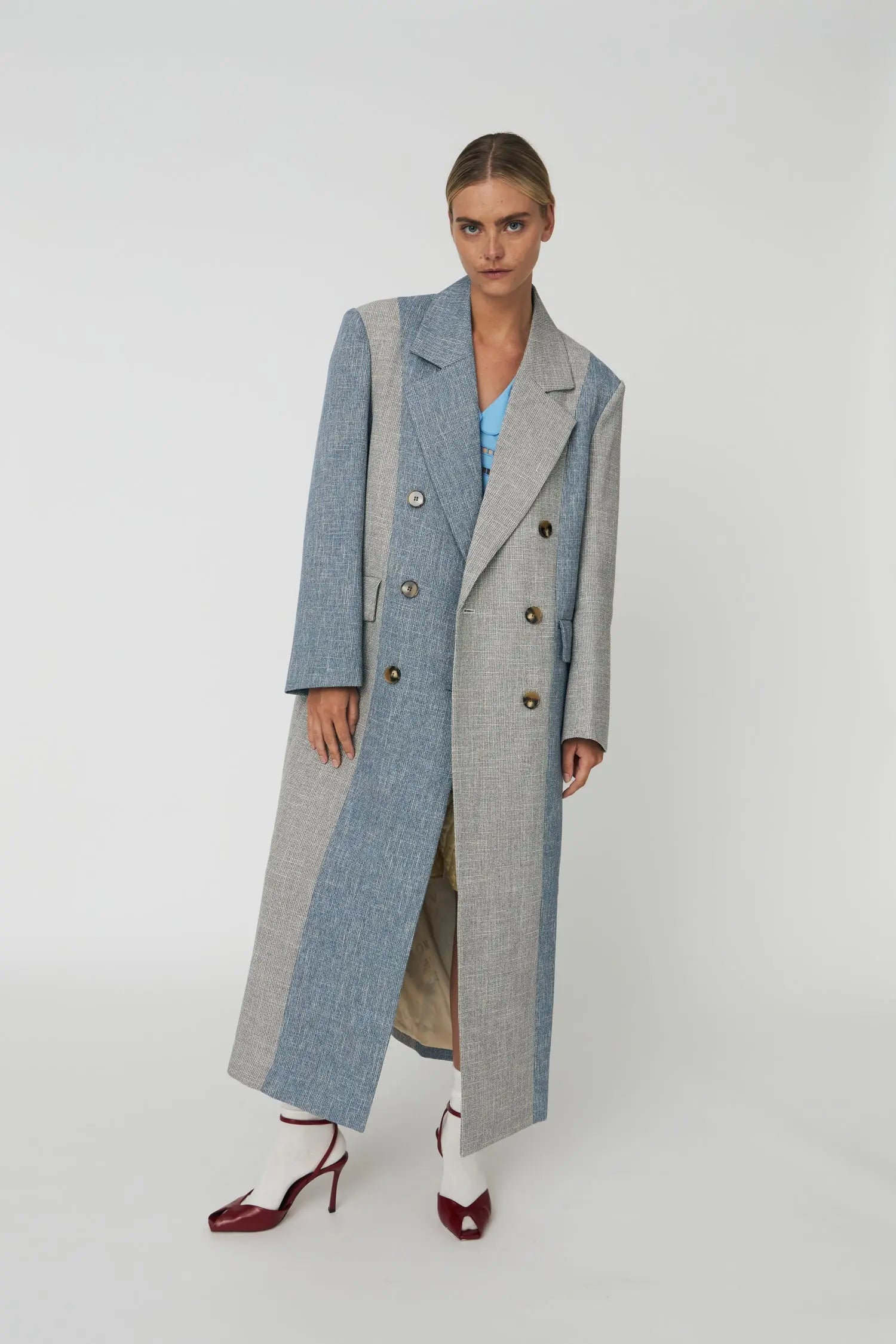 Stella Nova Striped Oversized Coat Coat 171 Light Blue/Grey Melange