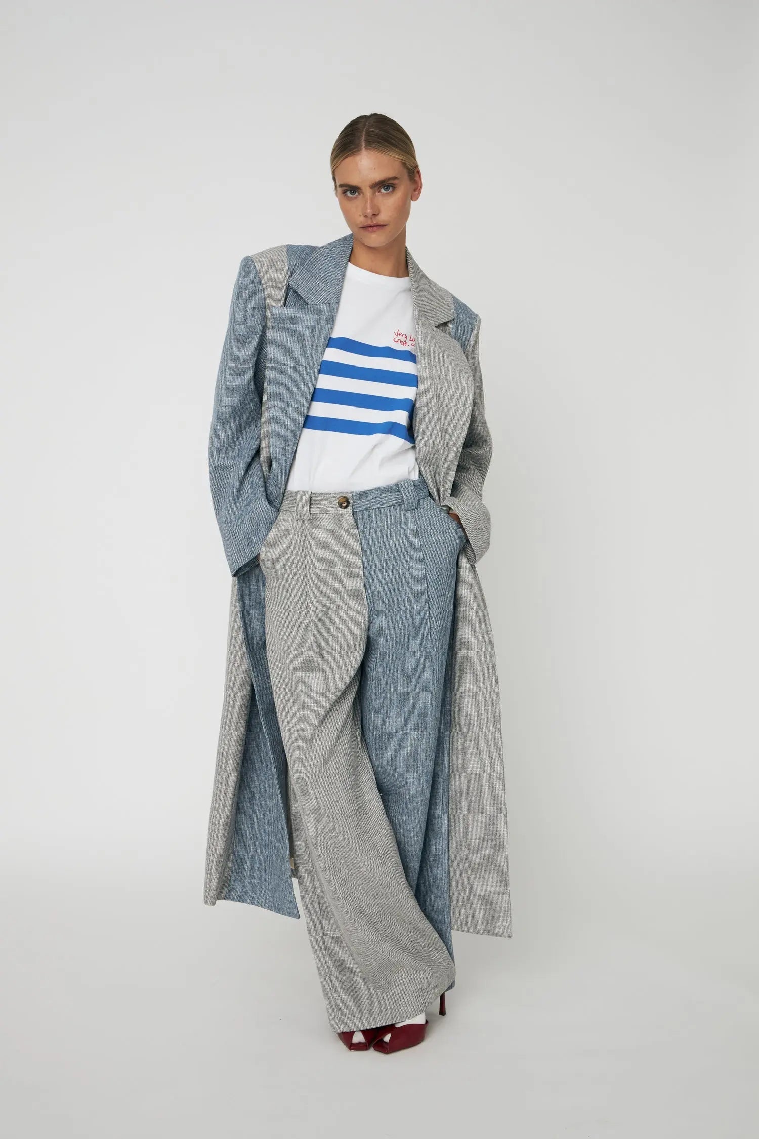Stella Nova Striped Oversized Coat Coat 171 Light Blue/Grey Melange