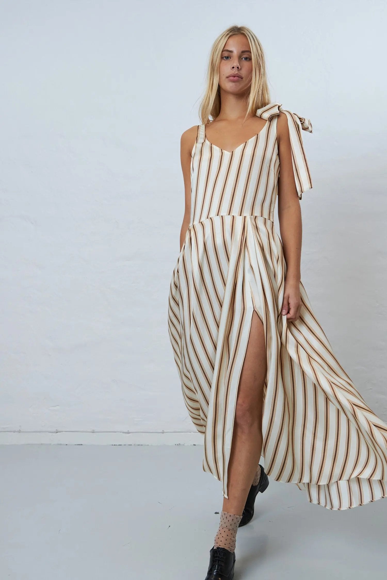 white and beige striped dress Women's Dancing On Stars Striped Maxi Dress in Taupe