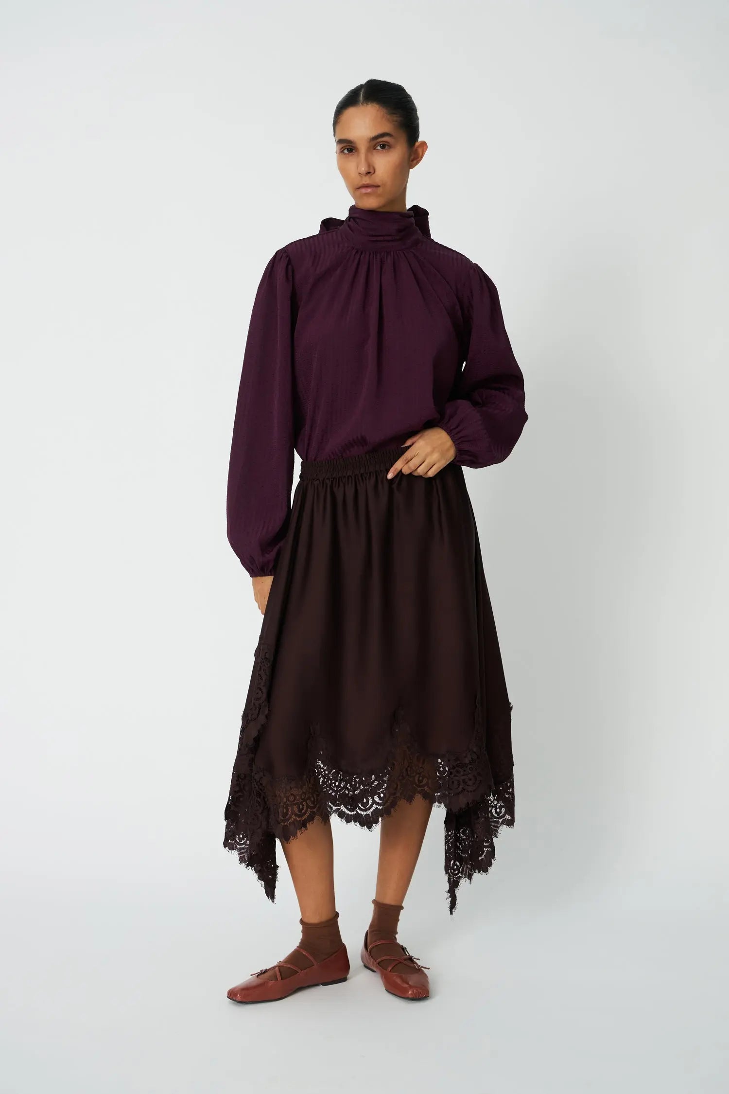Stella Nova Asymetric Lace Trimmed Skirt Skirt 856 Dark Brown