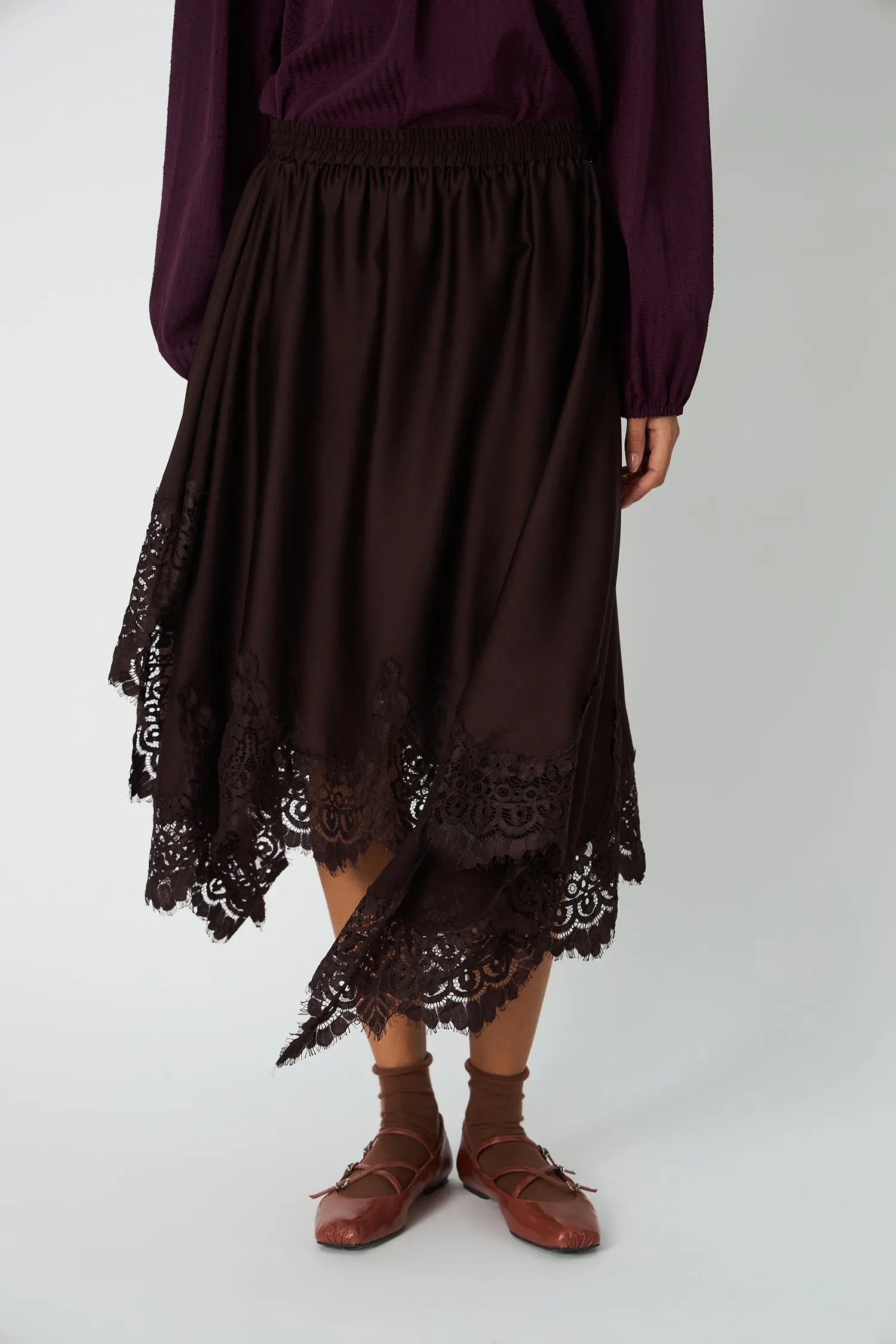 Stella Nova Asymetric Lace Trimmed Skirt Skirt 856 Dark Brown