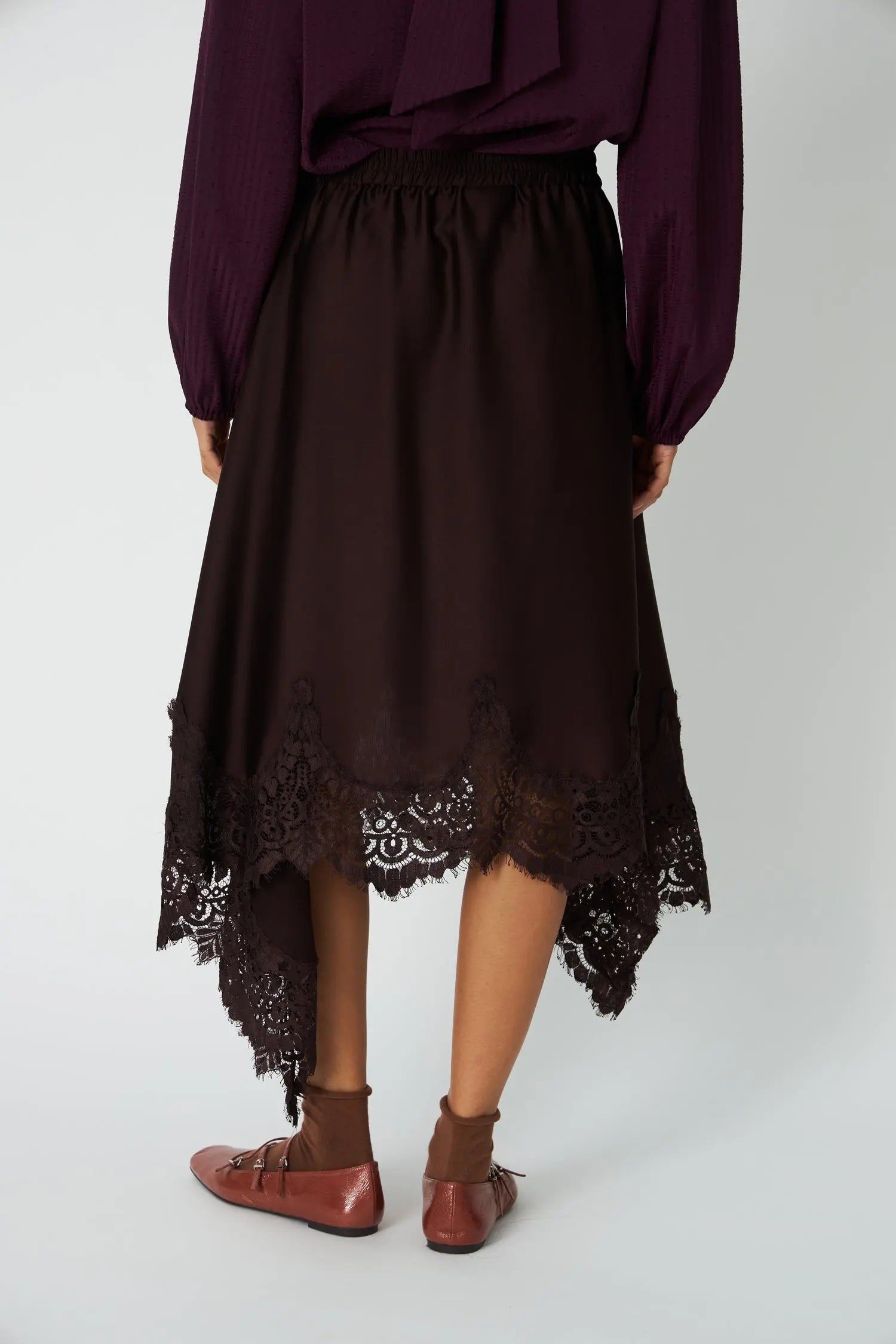 Stella Nova Asymetric Lace Trimmed Skirt Skirt 856 Dark Brown