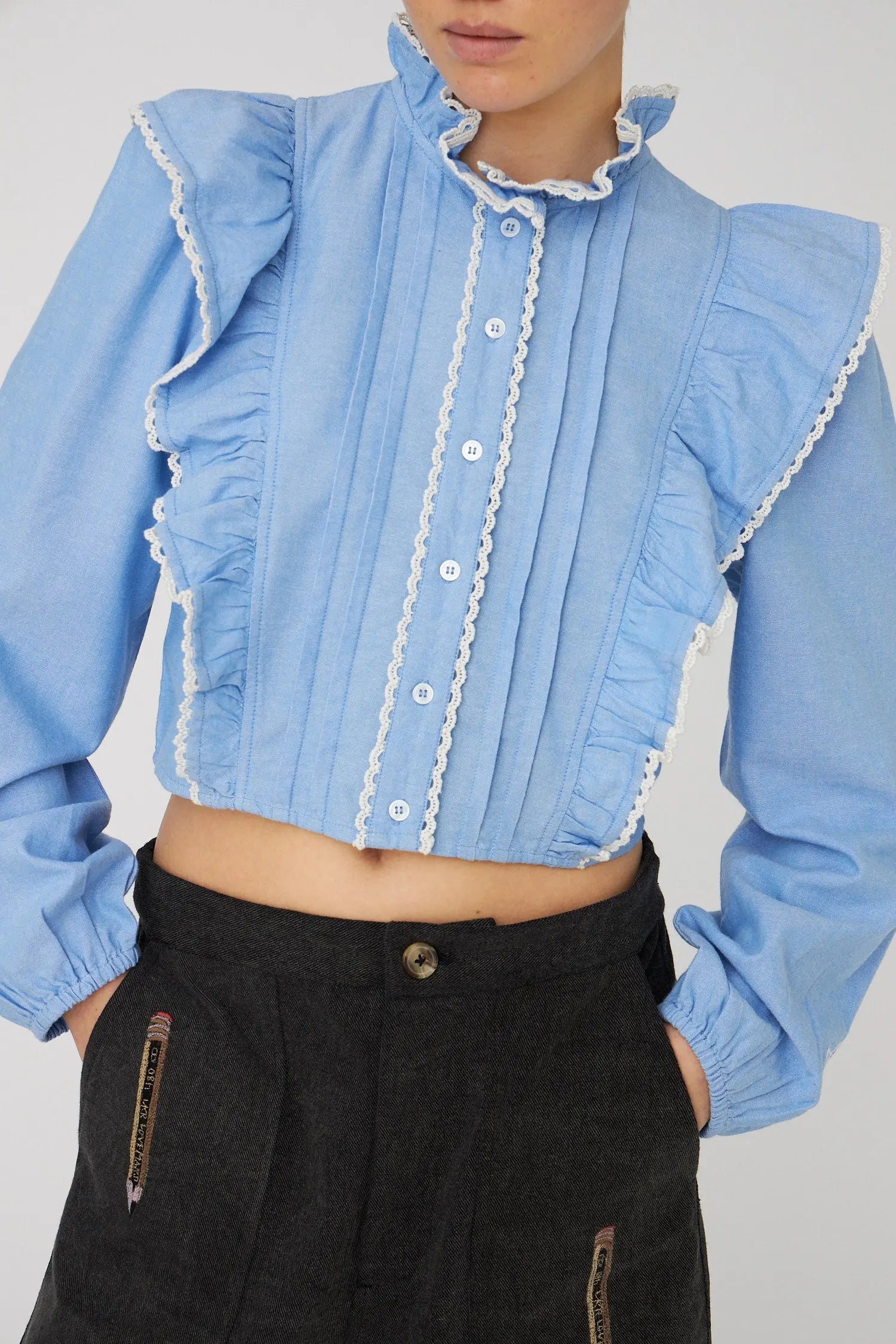 Stella Nova Chambray Cropped Frill Shirt Shirt 291 Light Blue Melange