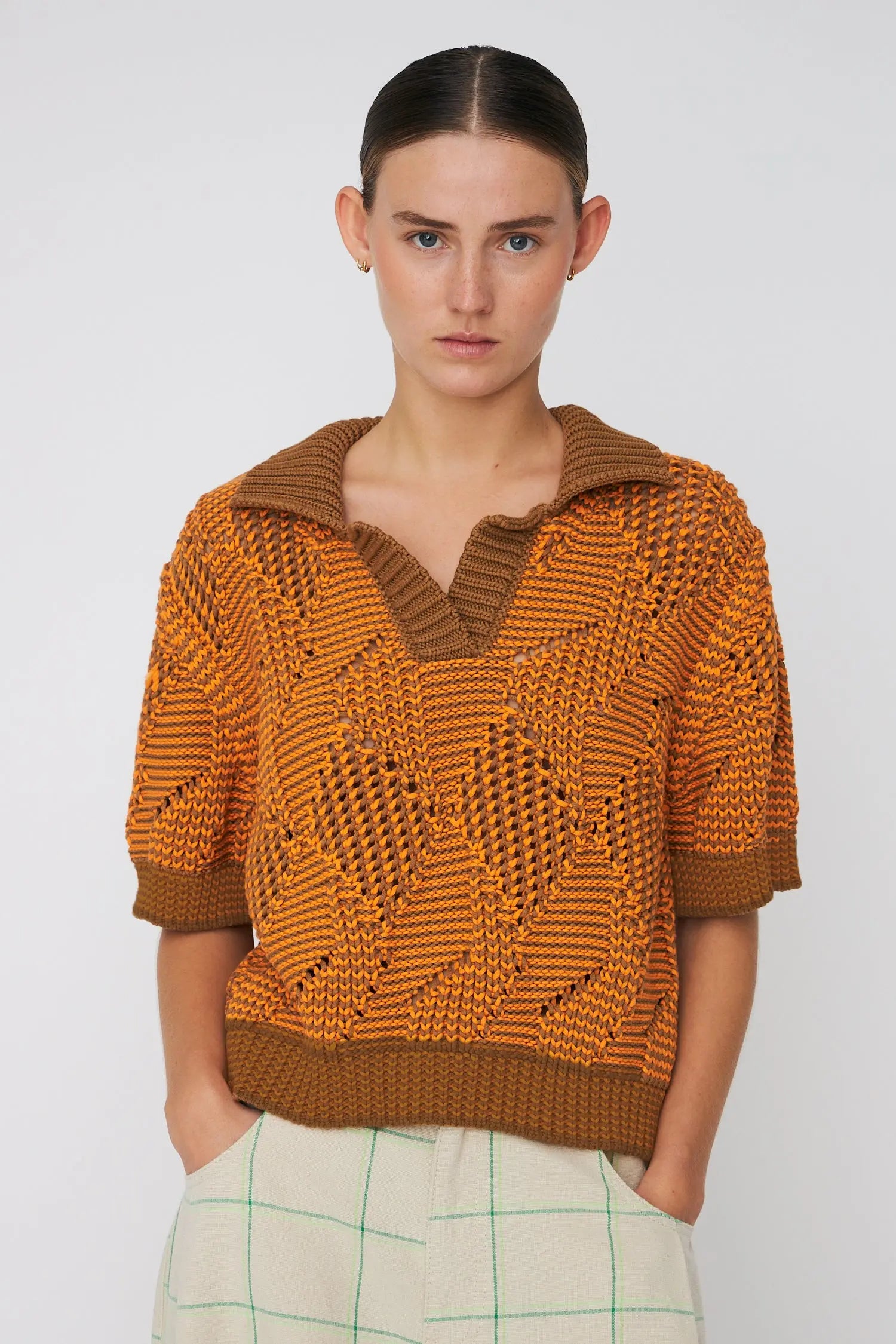 moca　SHOULDER PADS POLO KNIT TOPS Women's Cream Pointelle Pouf Sleeve Sporty Smart Polo Top | ME+EM