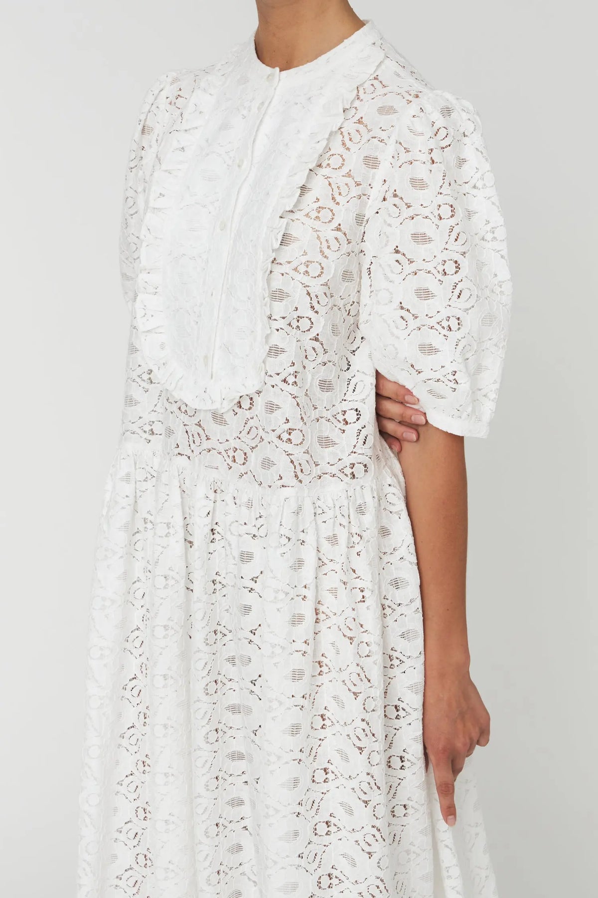 dresses with lace of cotton Women's Je T'aime Toujours White Cotton & Gathered Lace Maxi Dress | Size: S