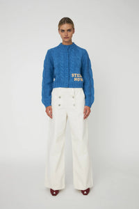 Cropped Cable Cardigan in Wool Mix - Blue Sea