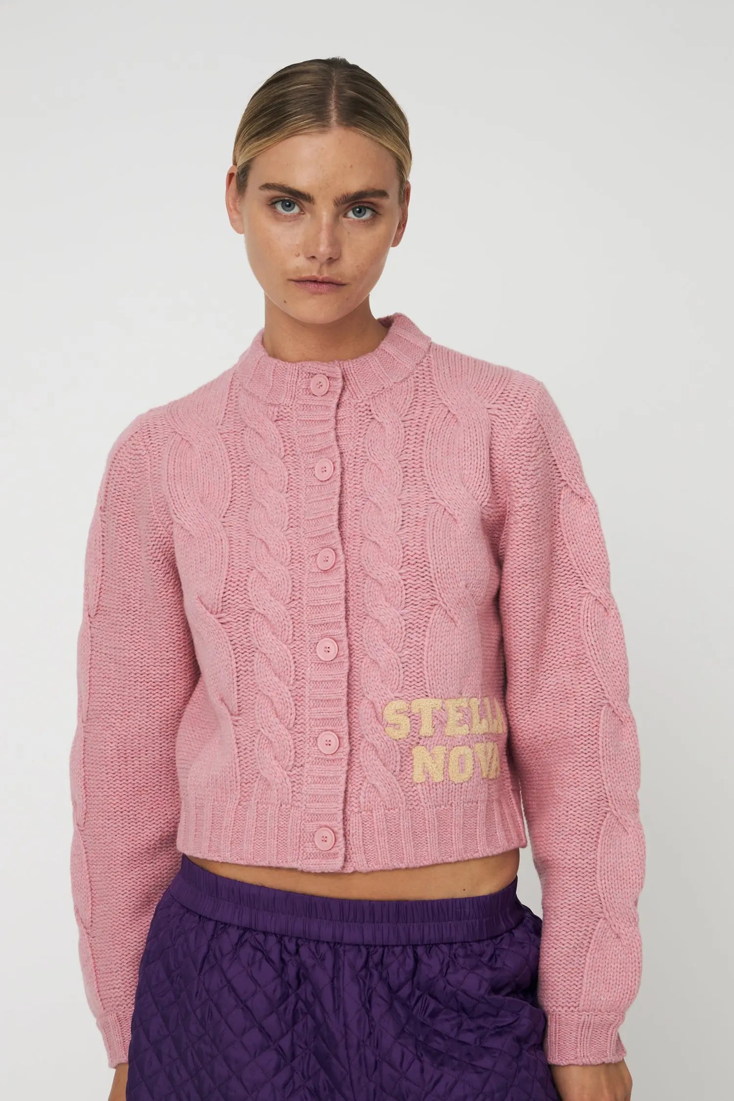 Cropped Cable Cardigan in Wool Mix - Lilac