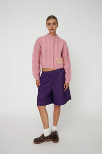 Cropped Cable Cardigan in Wool Mix - Lilac