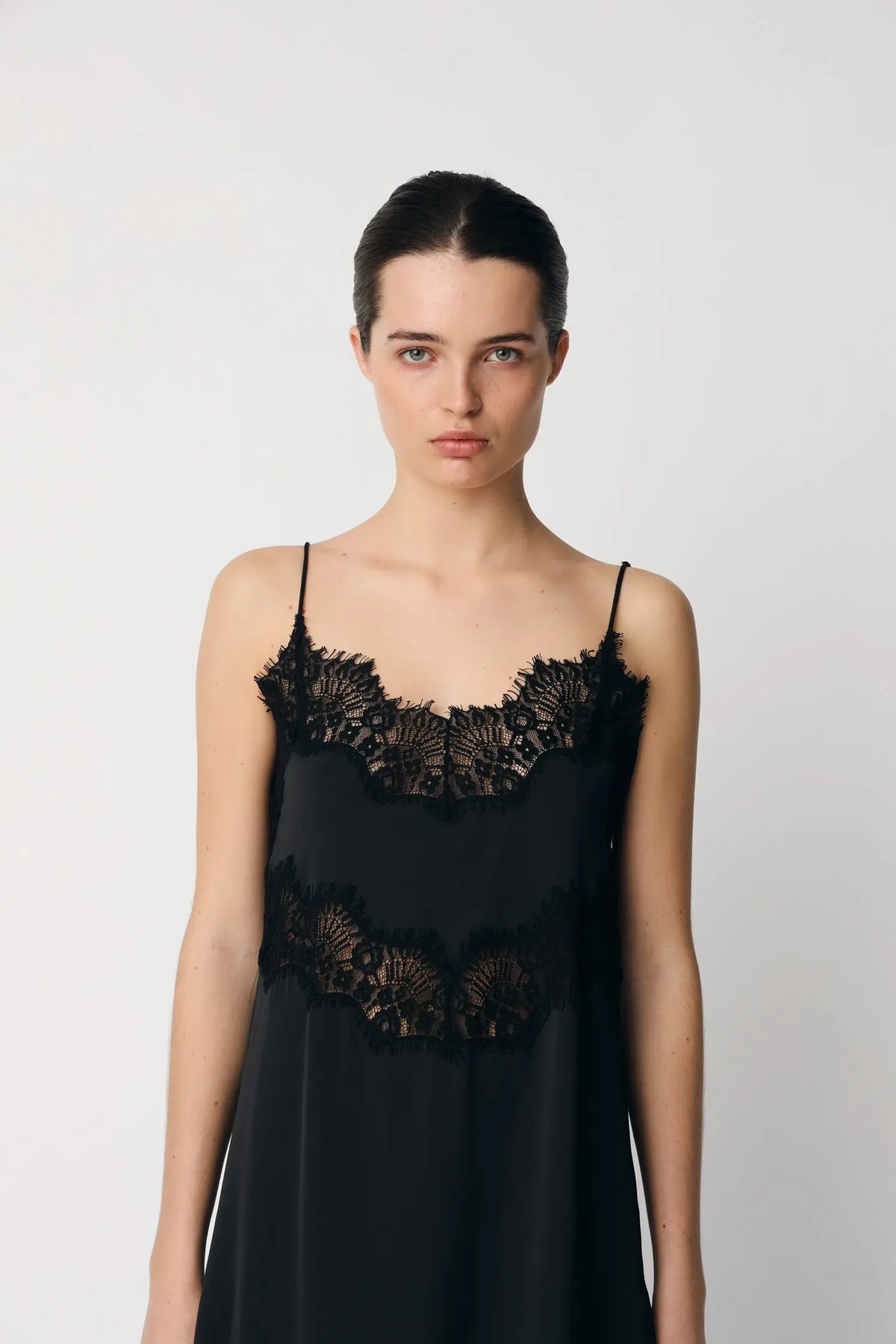 black slip dress lace Women's Black Lace-Trimmed Jersey Slip Dress