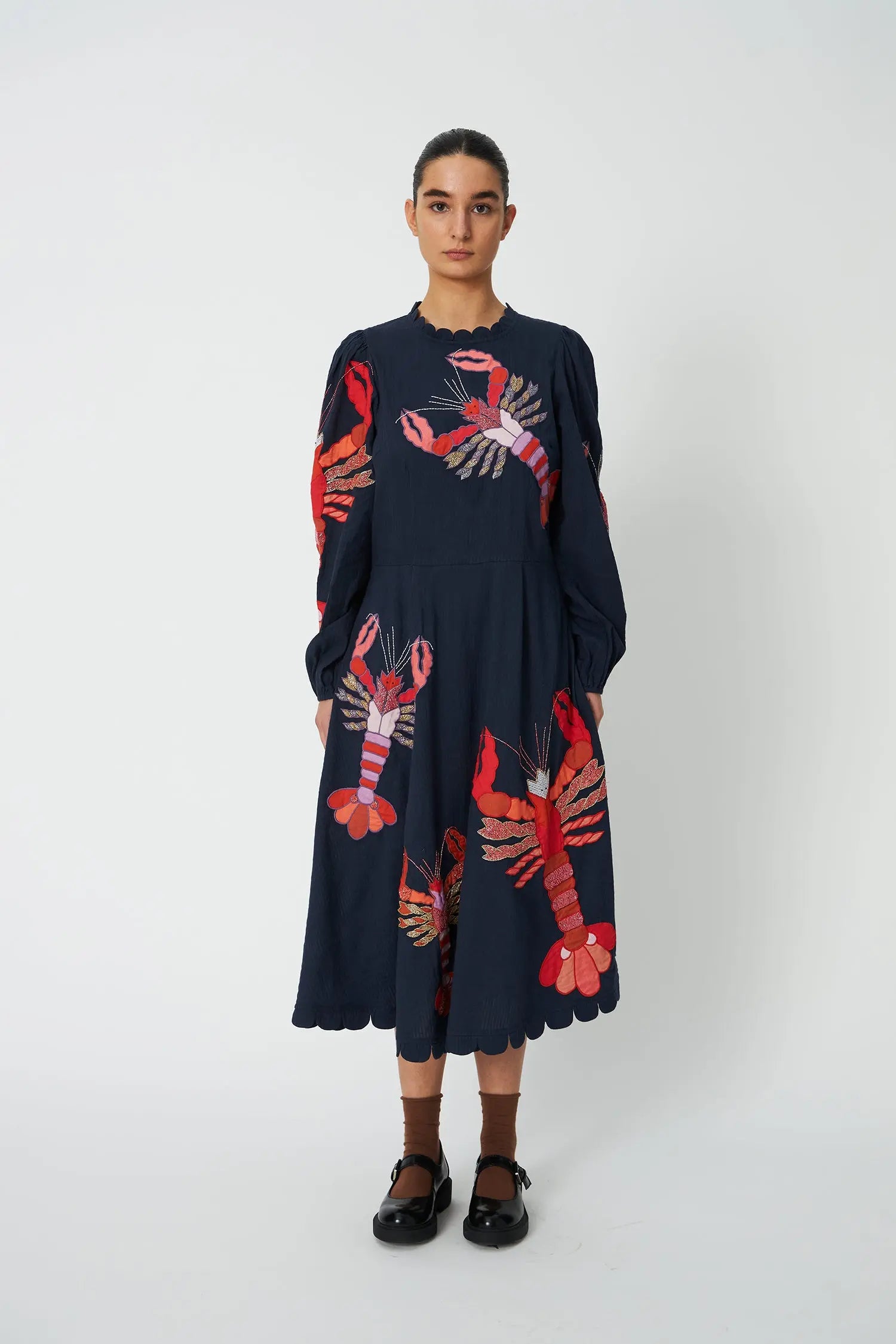Embroidered Midi Dress - Navy