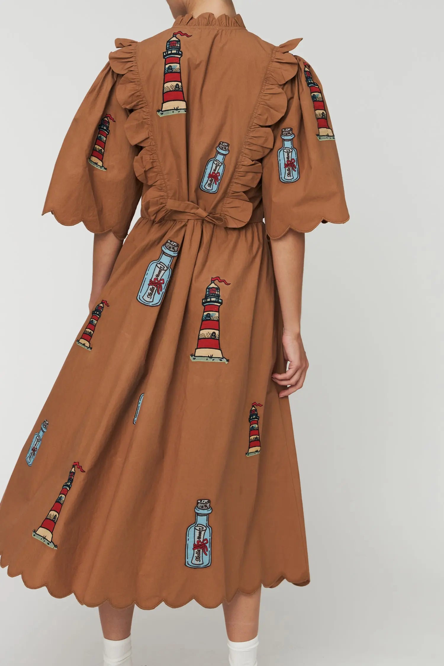 Stella Nova Embroidered Midi dress with Scallops Dress 869 Brown